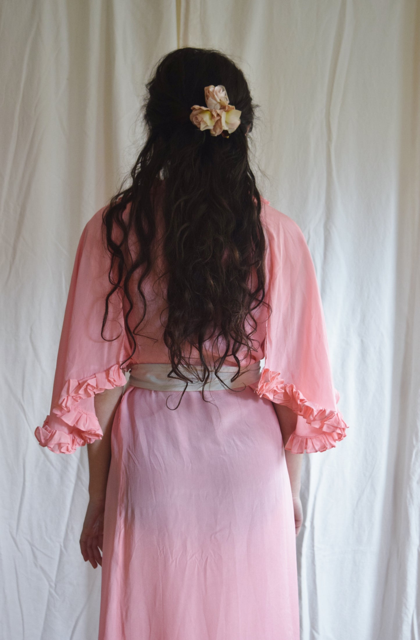 1930s Pink Ruffled Wrap Dress / Dressing Gown with Blue Sash