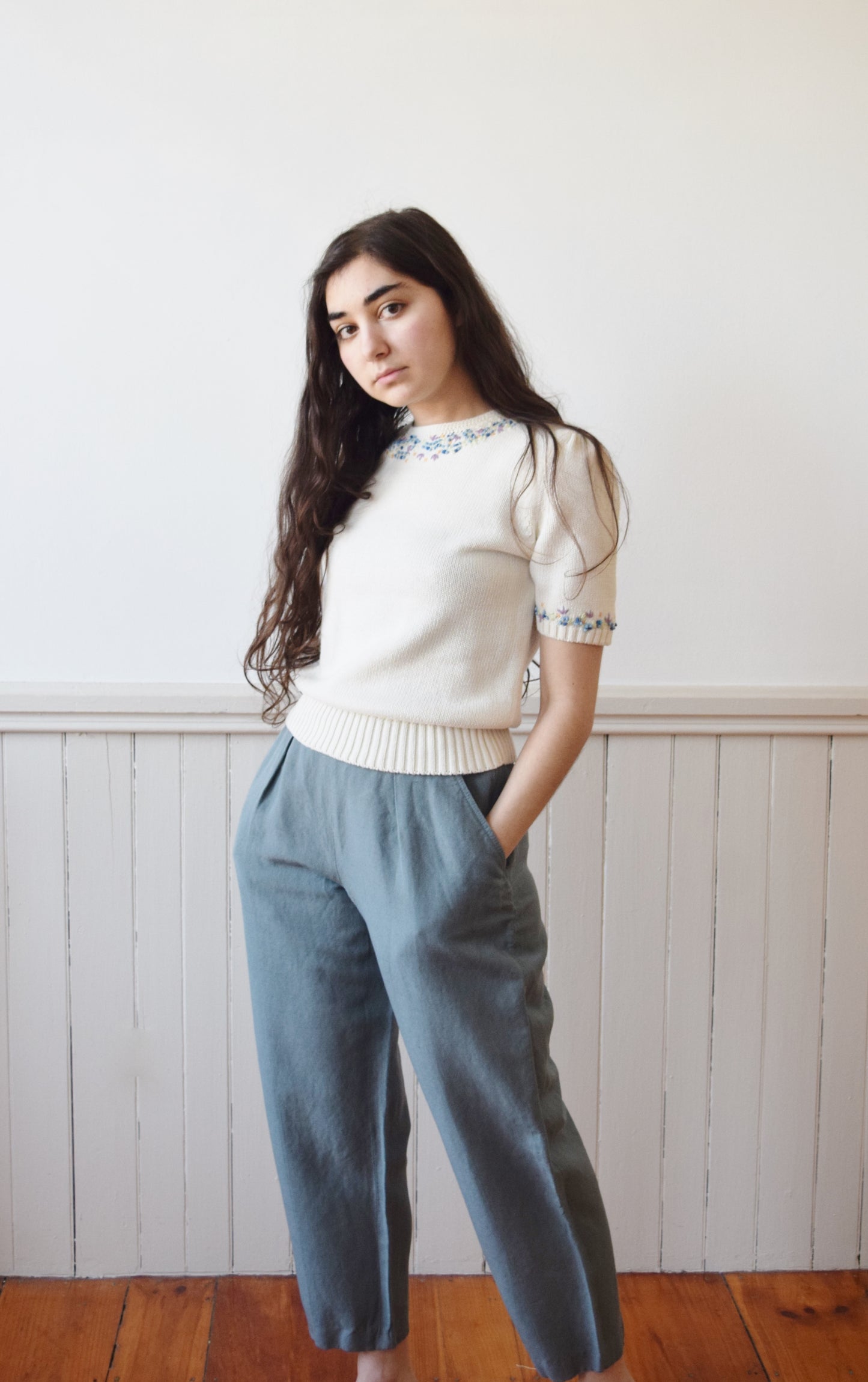 Classic Linen Trouser in Slate Blue | 1990s | 26" W