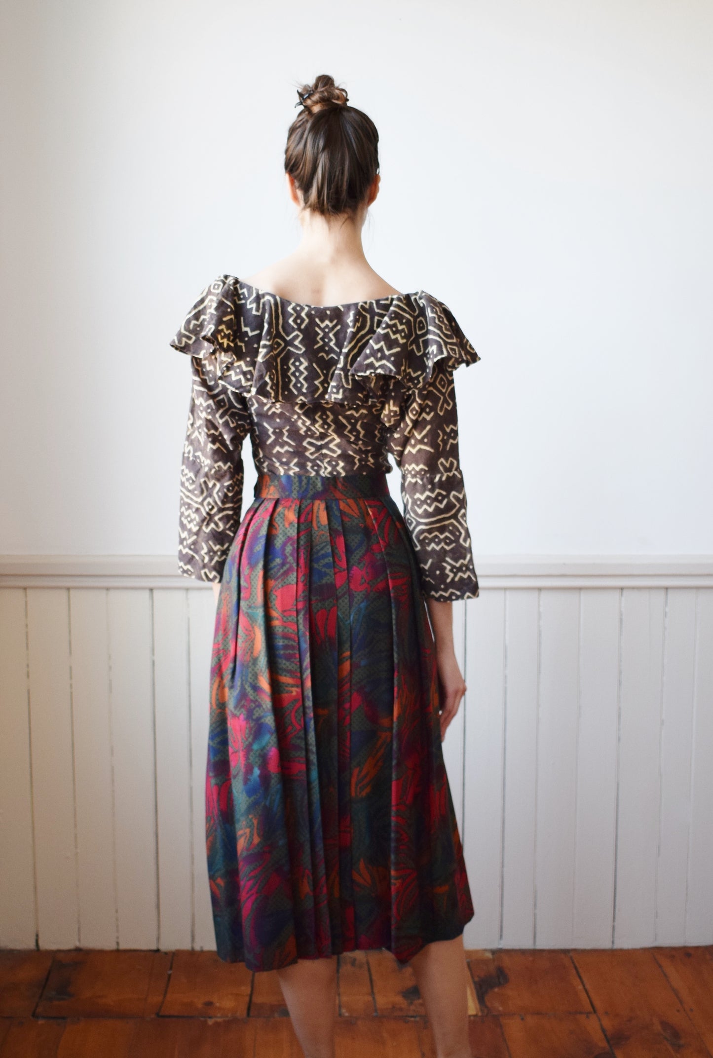 90s Pleated Wool Jungle Print Midi Skirt | M