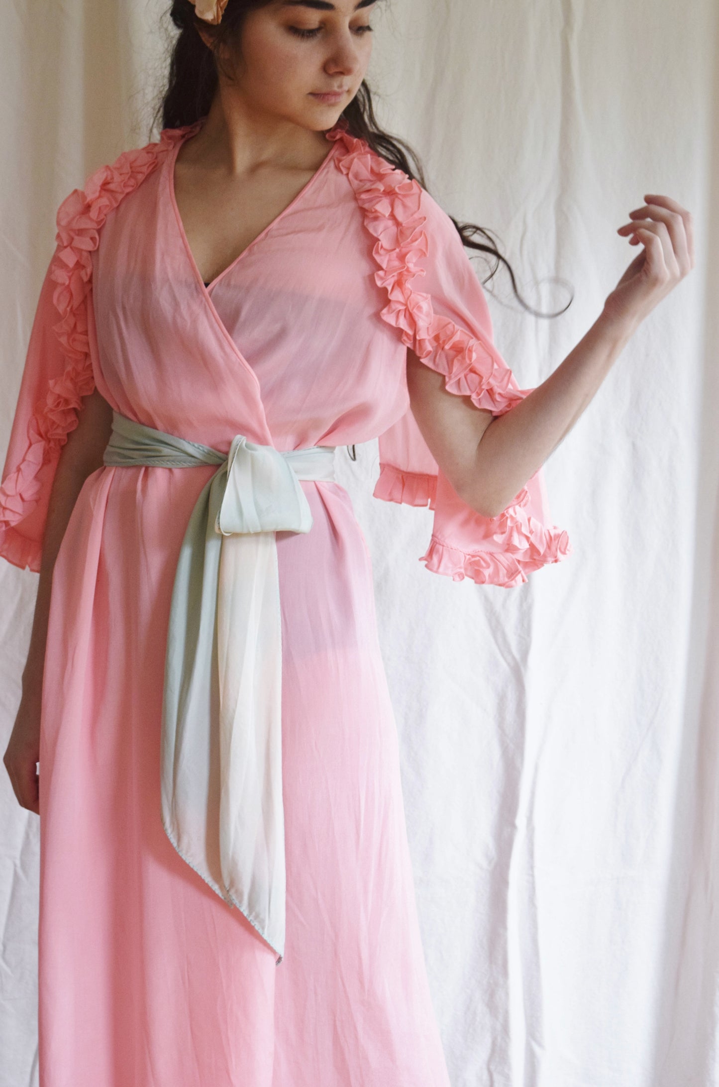 1930s Pink Ruffled Wrap Dress / Dressing Gown with Blue Sash