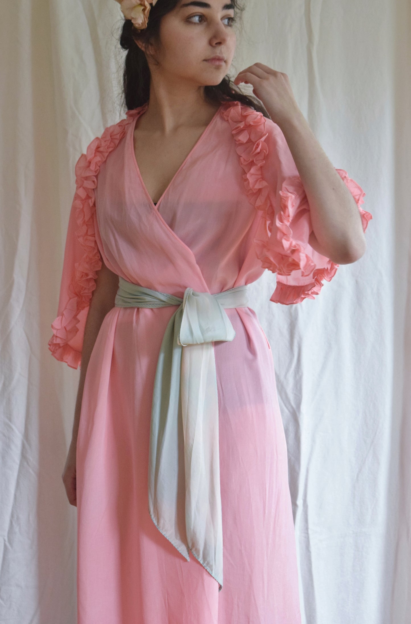 1930s Pink Ruffled Wrap Dress / Dressing Gown with Blue Sash