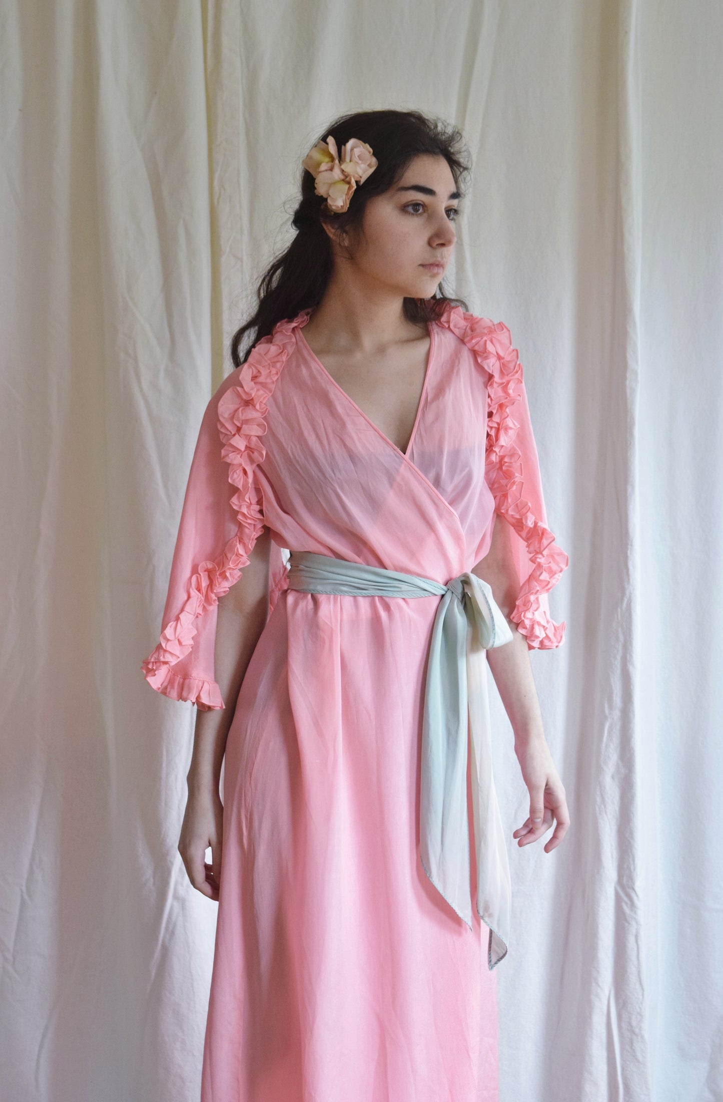 1930s Pink Ruffled Wrap Dress / Dressing Gown with Blue Sash