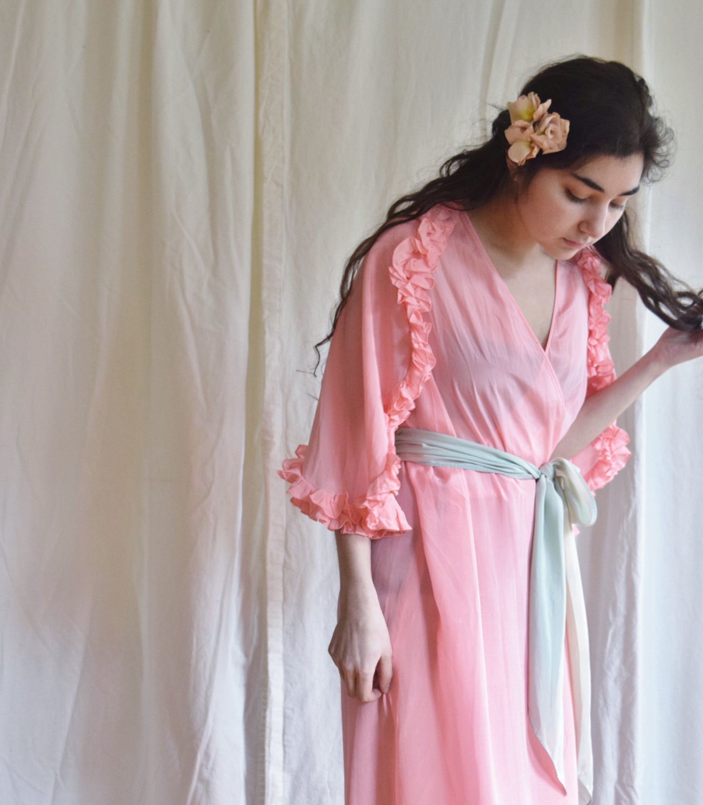 1930s Pink Ruffled Wrap Dress / Dressing Gown with Blue Sash
