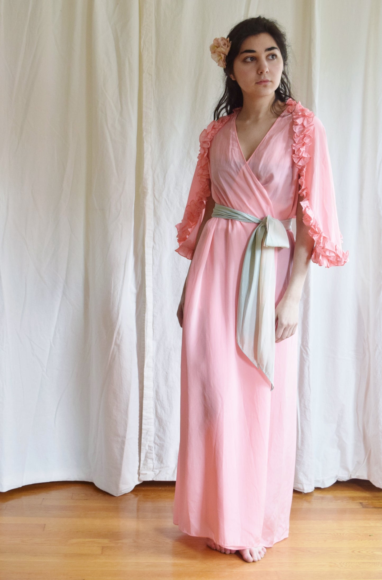 1930s Pink Ruffled Wrap Dress / Dressing Gown with Blue Sash