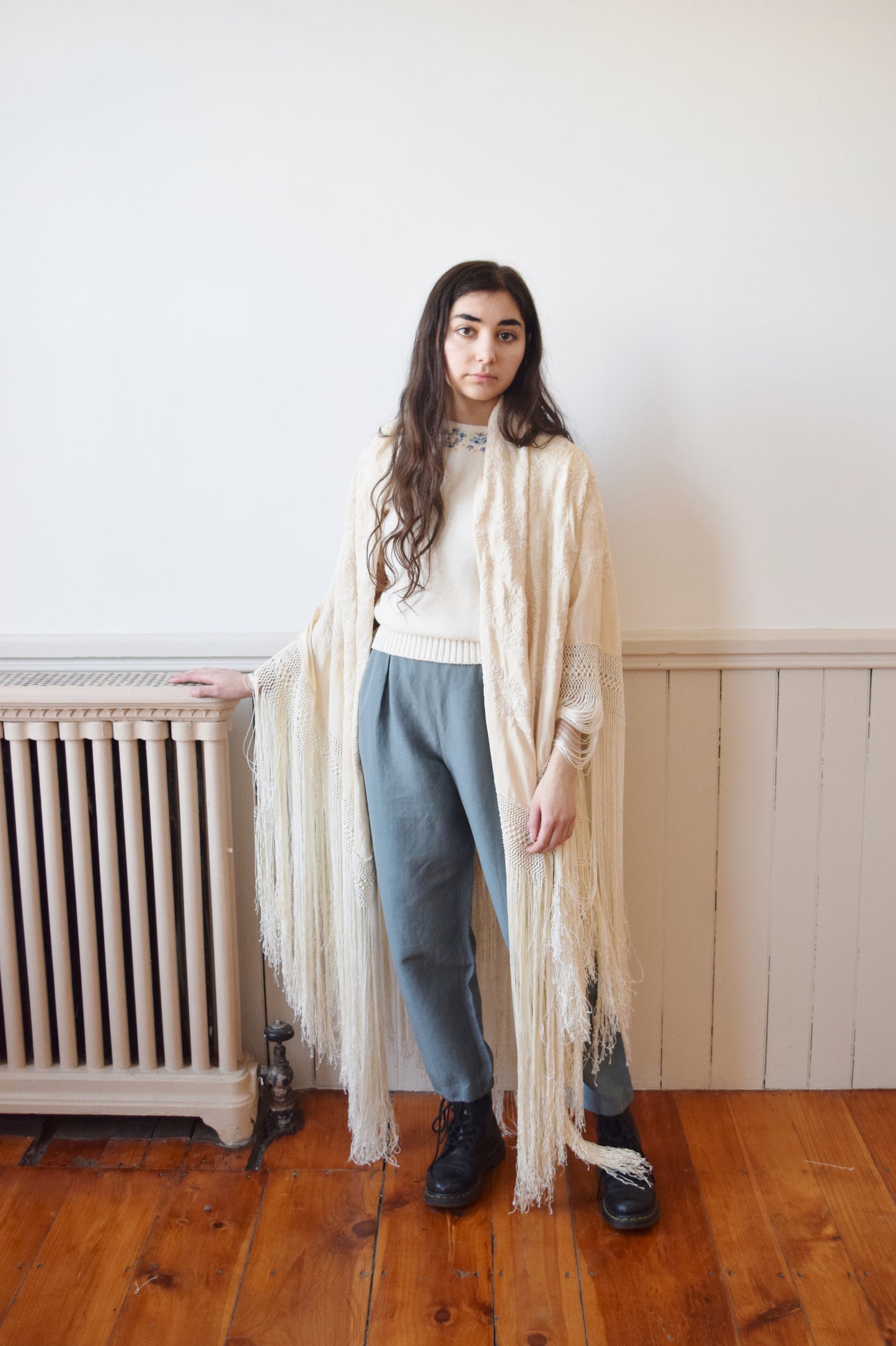 Large Antique Silk Embroidered Piano Shawl with Long Fringe