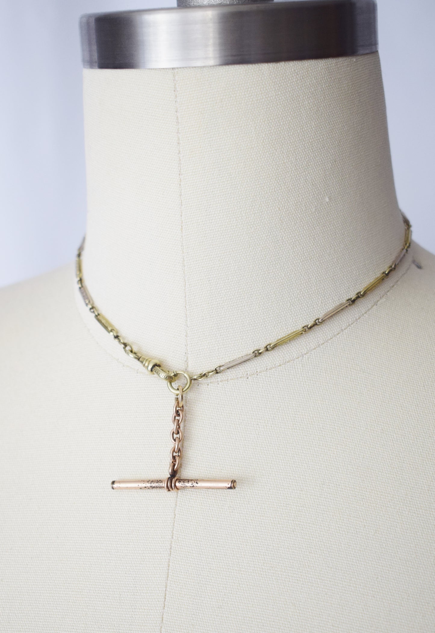 Antique 14kt Gold-fill Fob Chain Necklace with T Bar