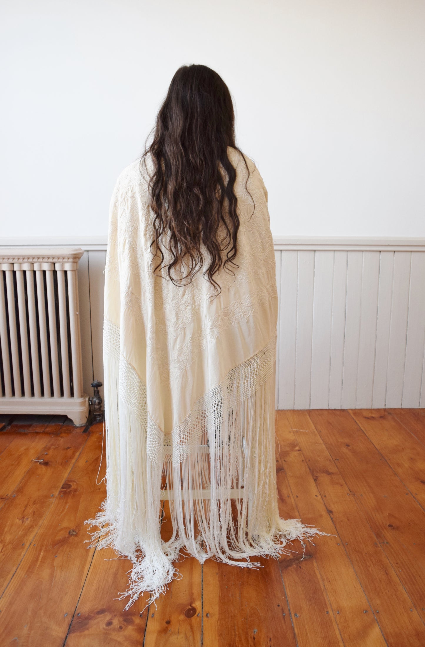 Large Antique Silk Embroidered Piano Shawl with Long Fringe