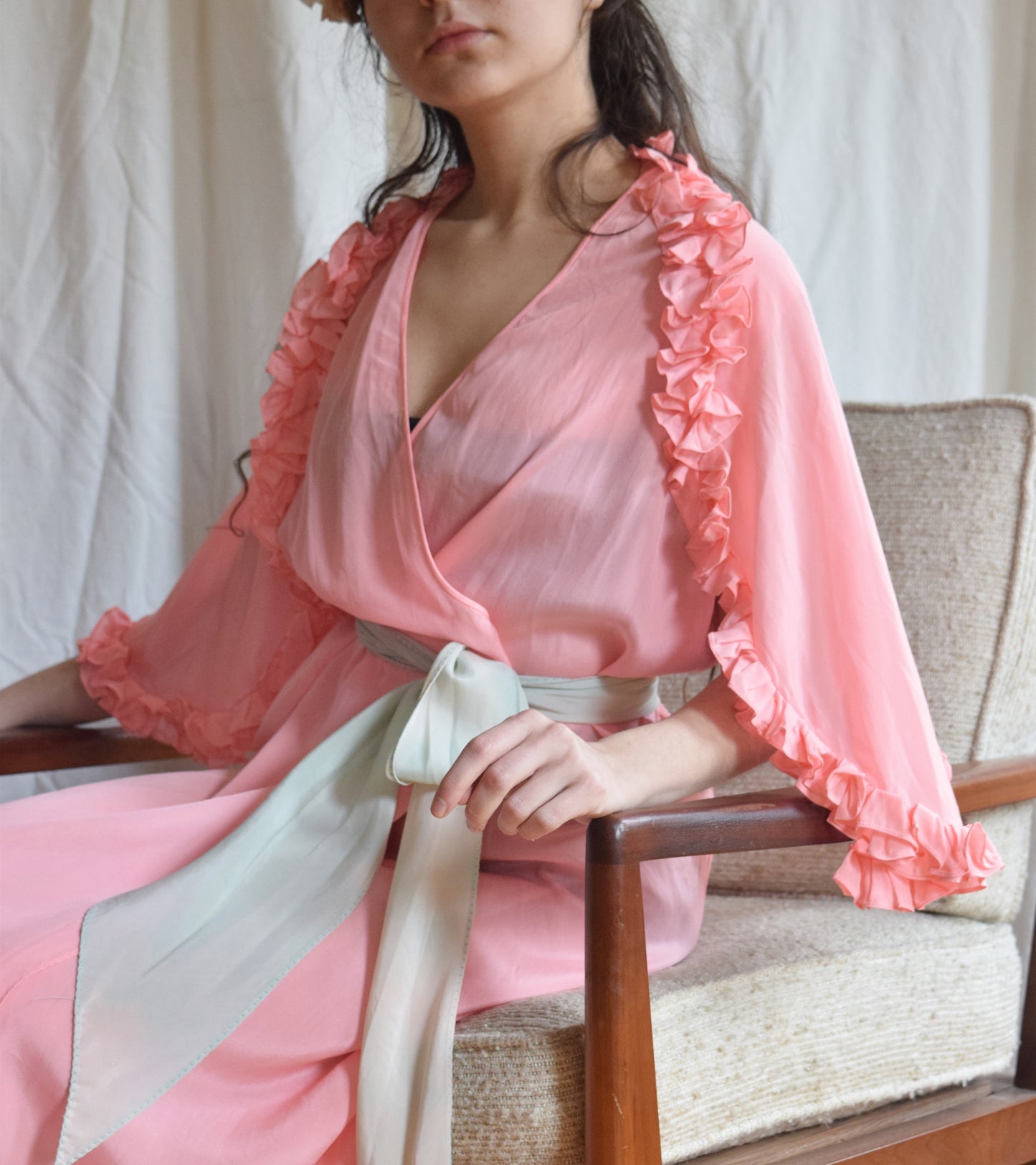 1930s Pink Ruffled Wrap Dress / Dressing Gown with Blue Sash
