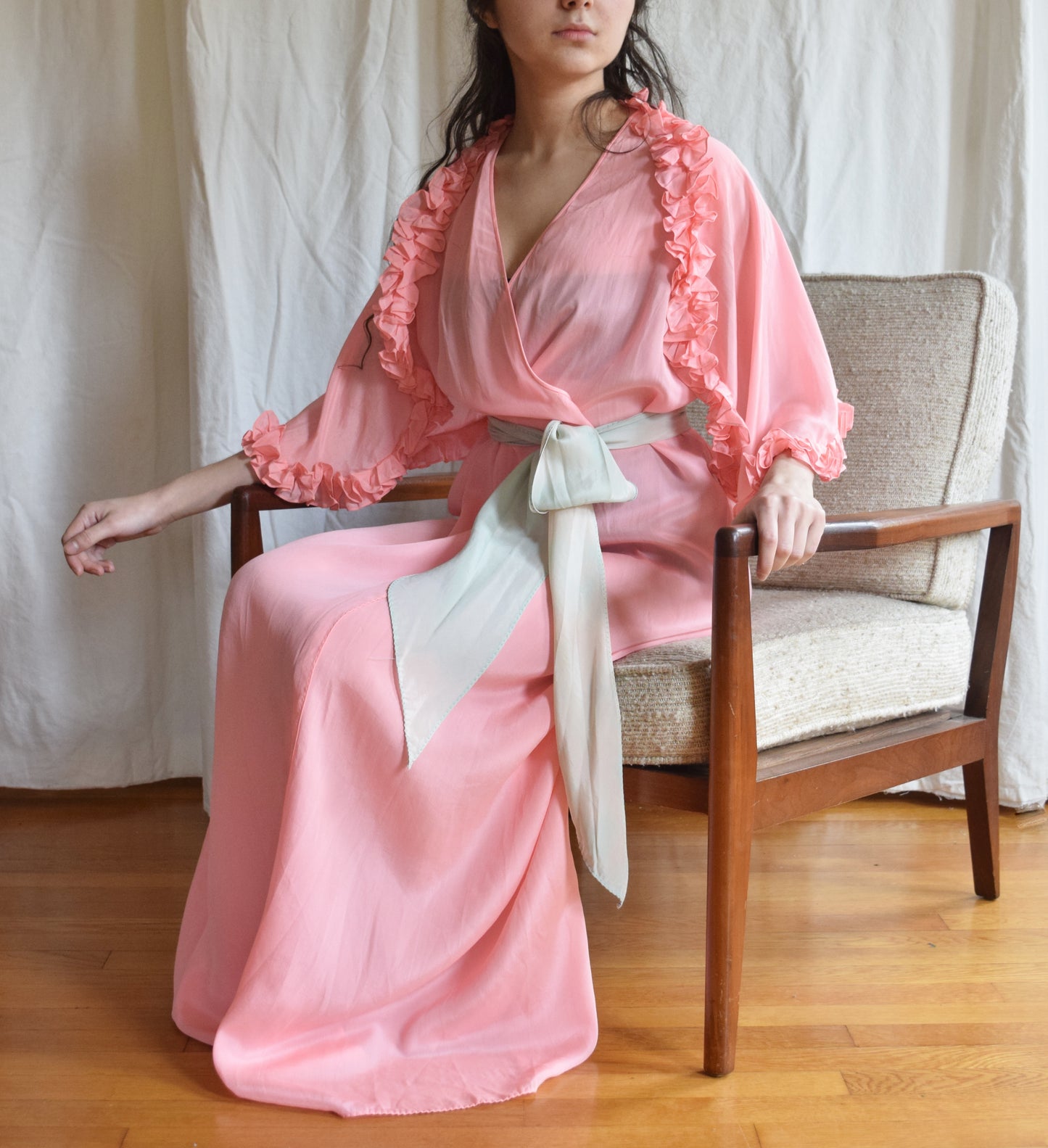 1930s Pink Ruffled Wrap Dress / Dressing Gown with Blue Sash