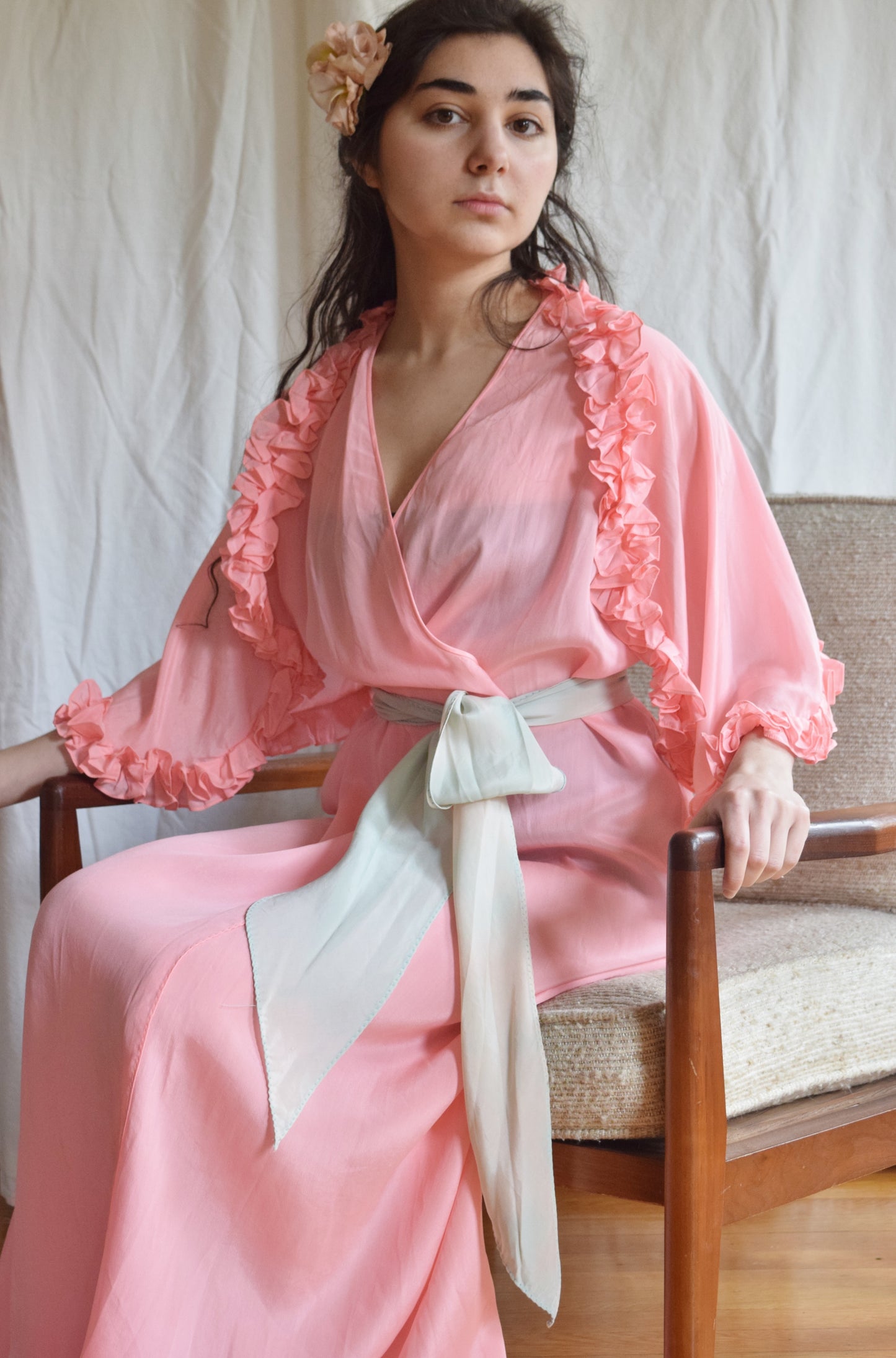 1930s Pink Ruffled Wrap Dress / Dressing Gown with Blue Sash