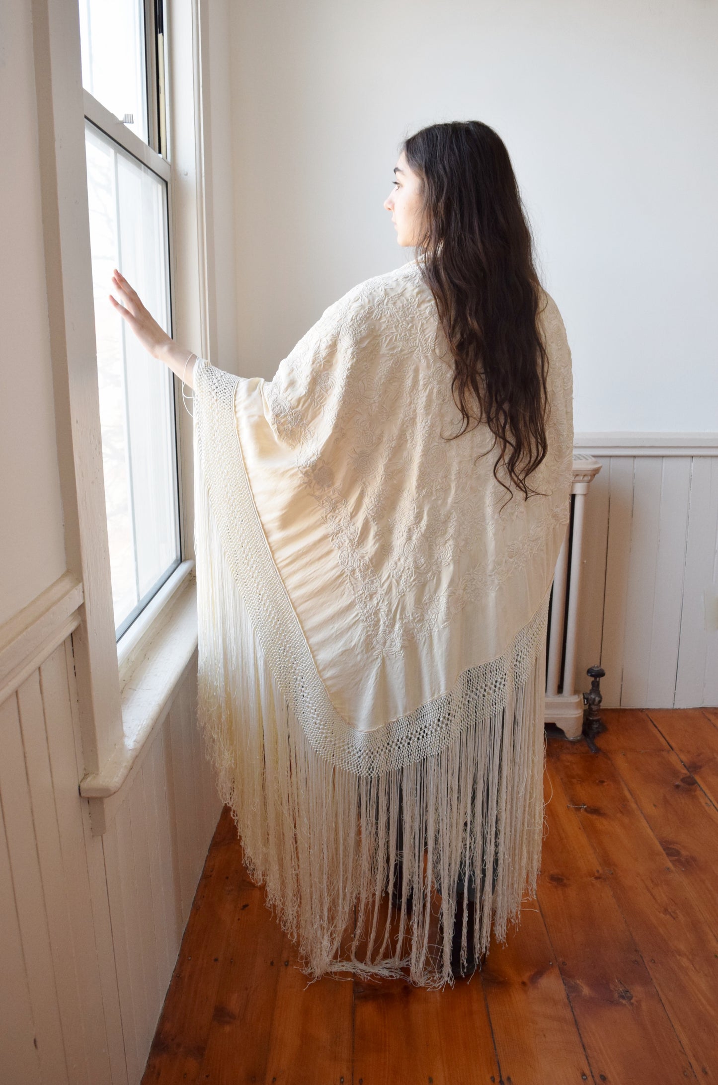 Large Antique Silk Embroidered Piano Shawl with Long Fringe