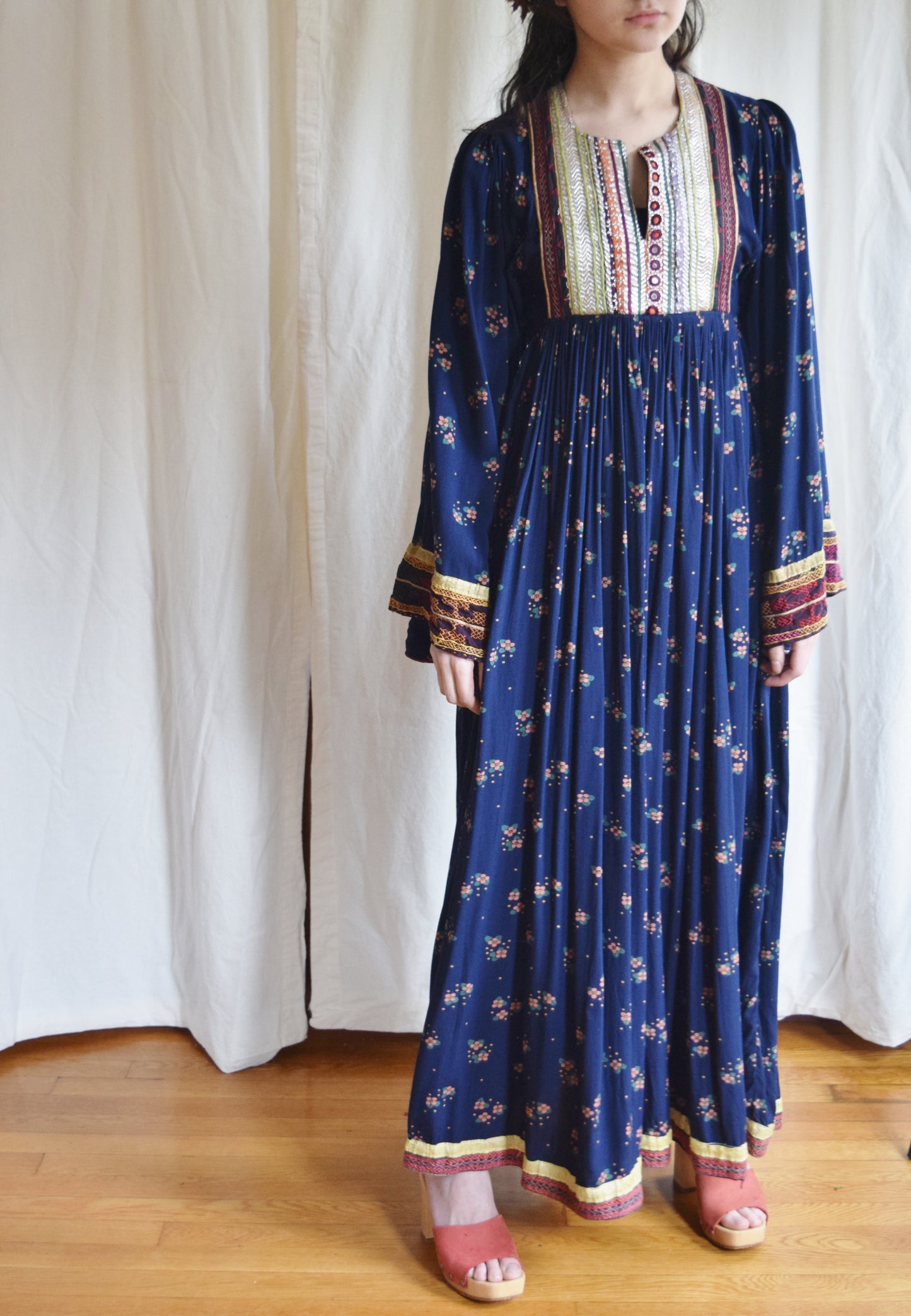 Vintage Afghan Folk Dress | Blue Floral Print Maxi Dress
