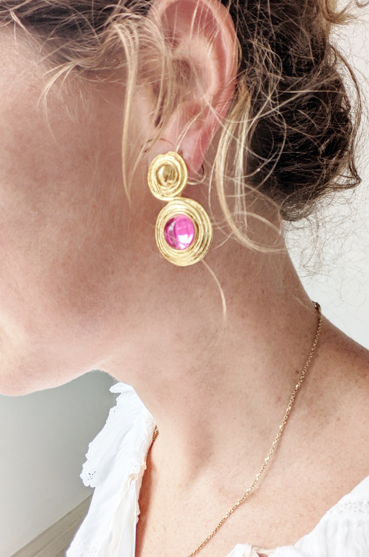 90s Gold and Hot Pink Gripoix-style Fashion Earrings