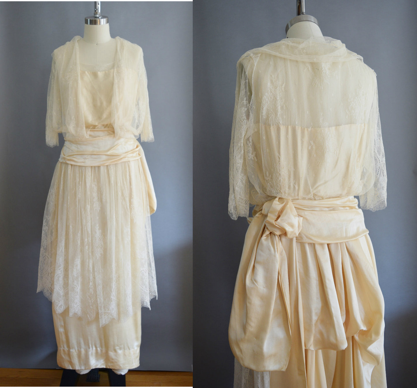 Late 1910s / early 1920s Silk Satin and Lace Couture Wedding Dress | Antique Wedding Dress | Silk Satin and Lace | Xsmall - Small
