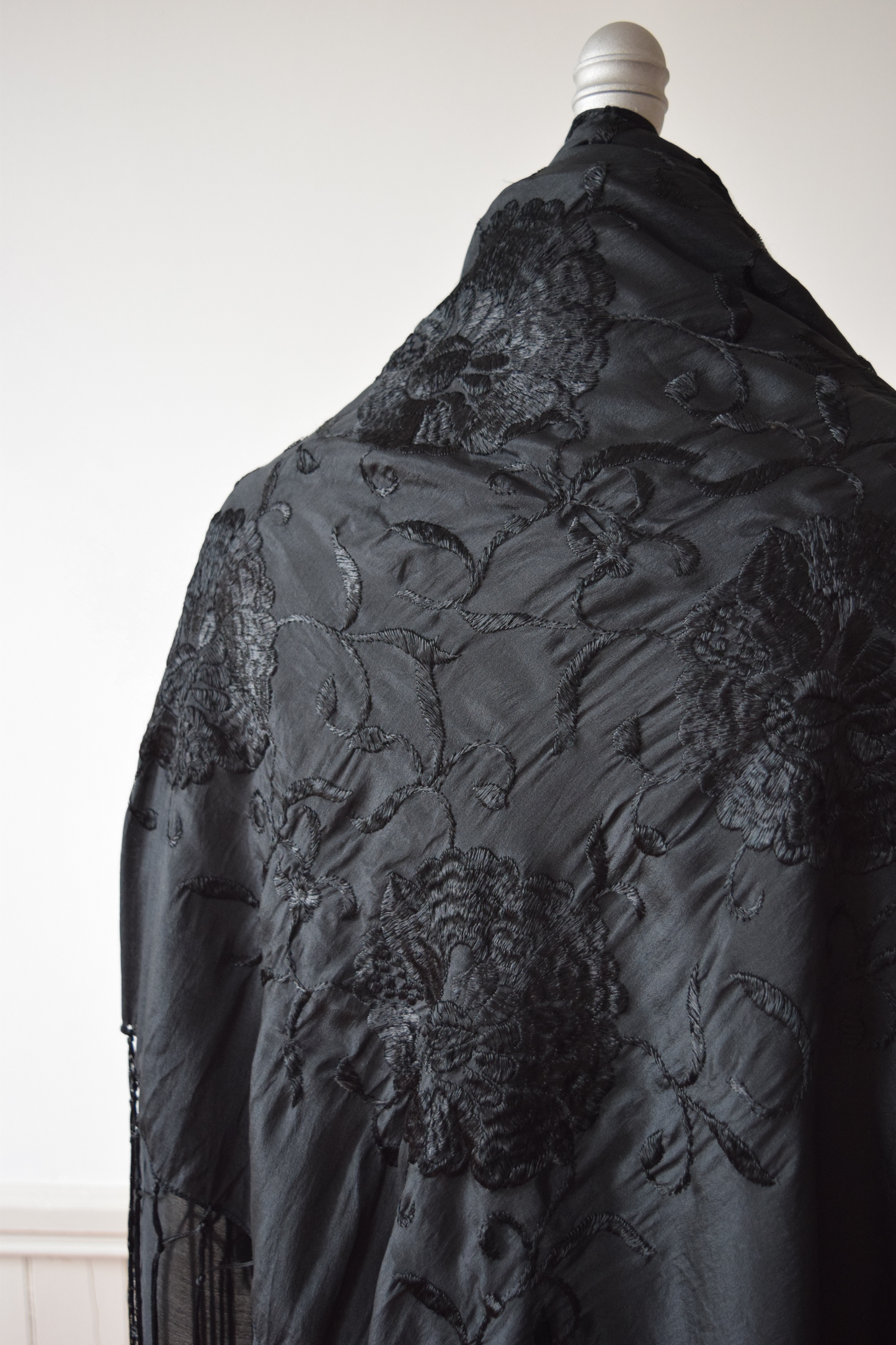 Antique Embroidered Black Silk Piano Shawl