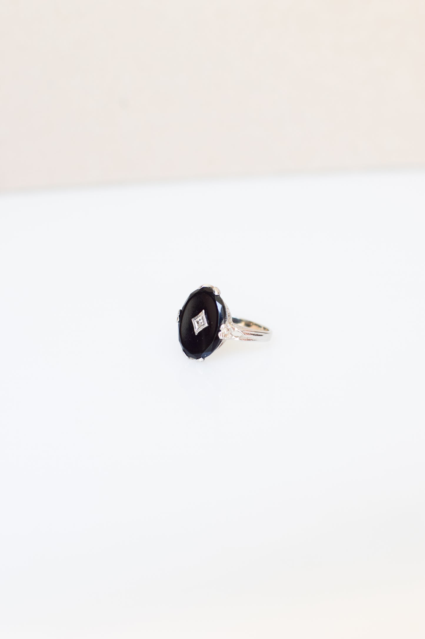 Antique 14kt White Gold, Onyx and Diamond Ring | US 6 3/4