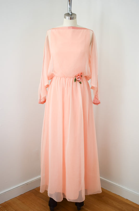 1970s Jean Varon Peach Chiffon Gown | XS