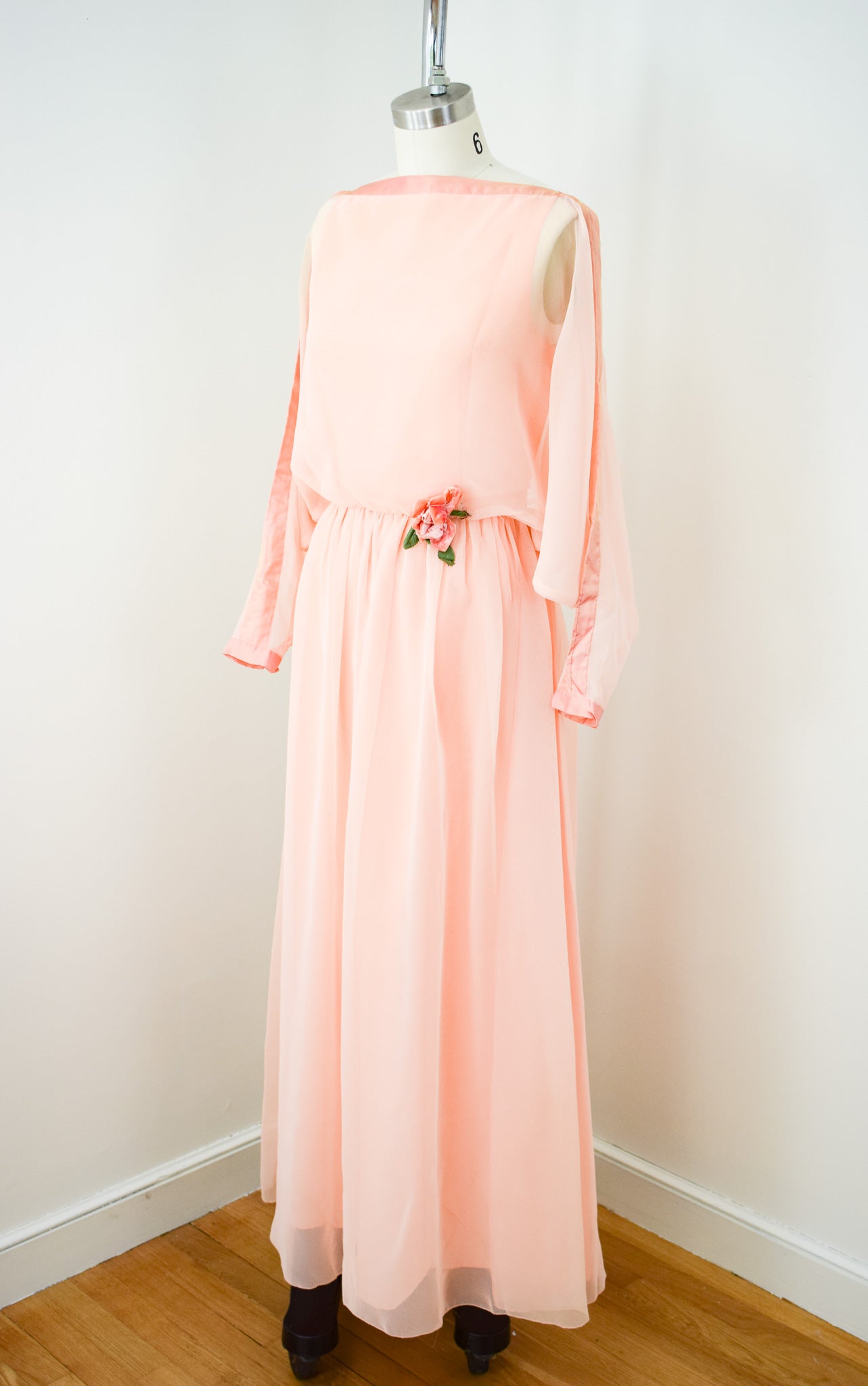 1970s Jean Varon Peach Chiffon Gown | XS