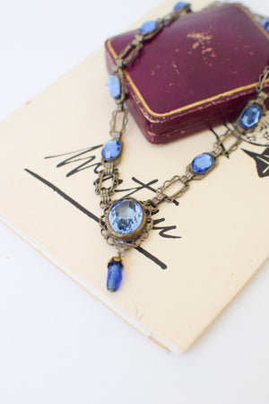 Antique Czech Glass and Brass Necklace | Blue Gems