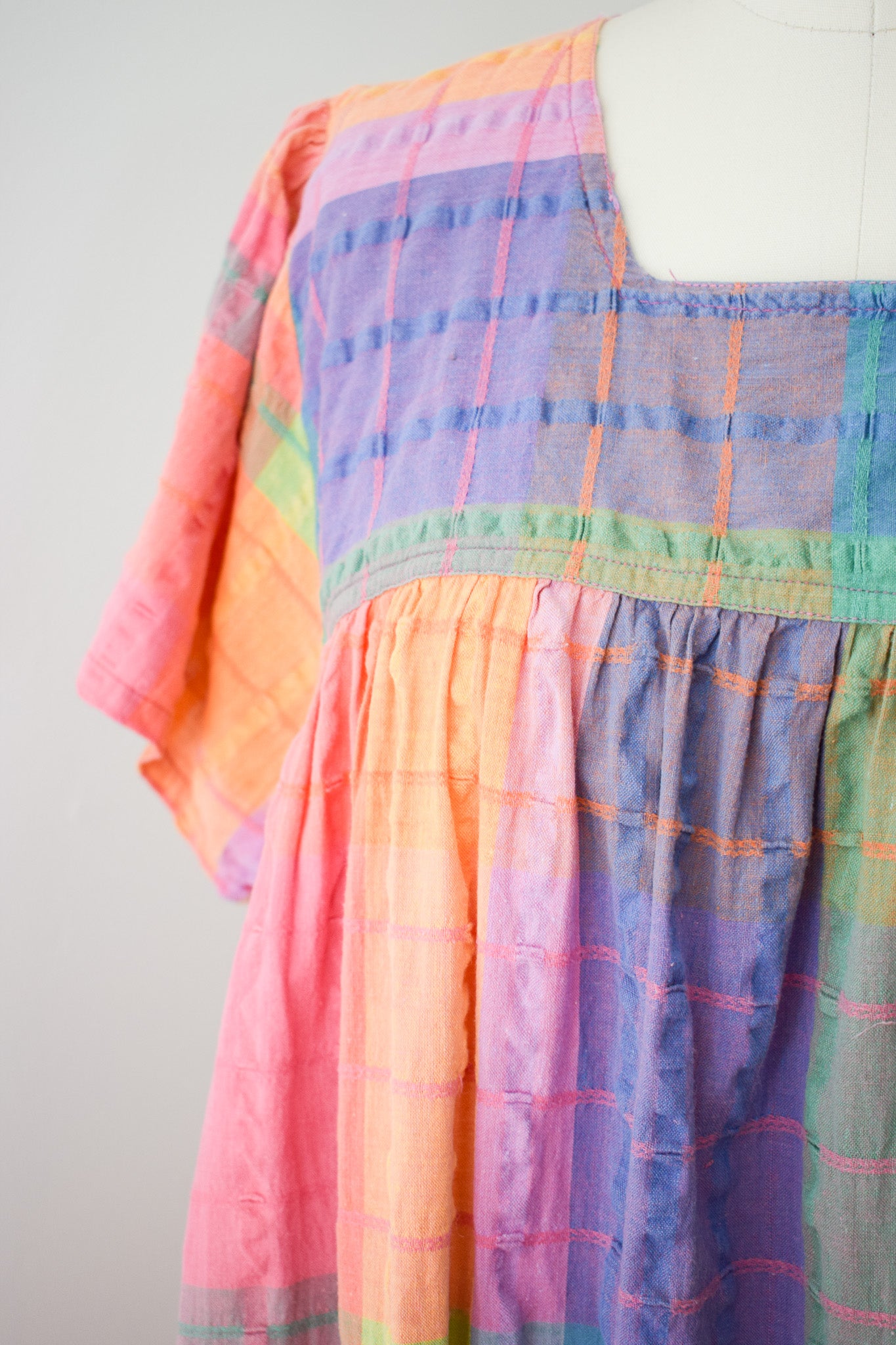 1980s Rainbow Madras Plaid Market Dress | M