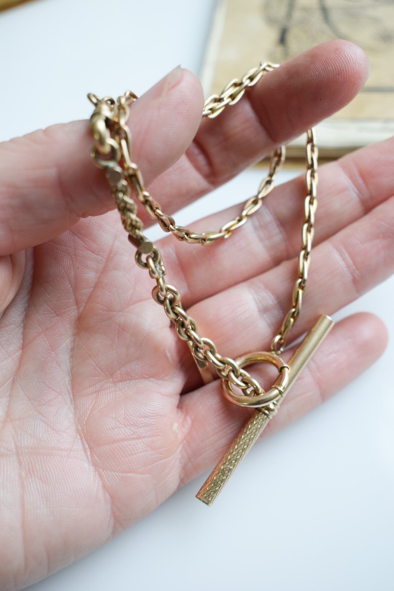 Antique Gold-fill Fob Chain Necklace with T-bar