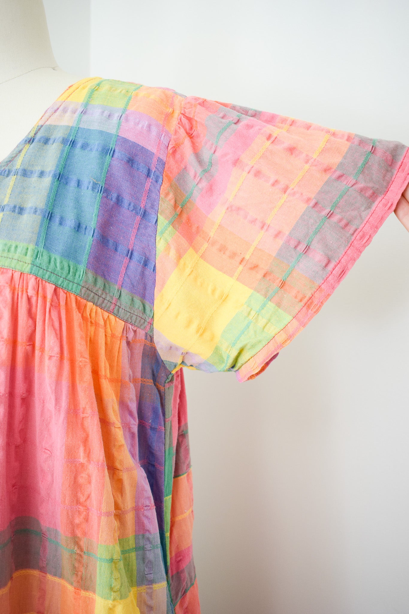 1980s Rainbow Madras Plaid Market Dress | M