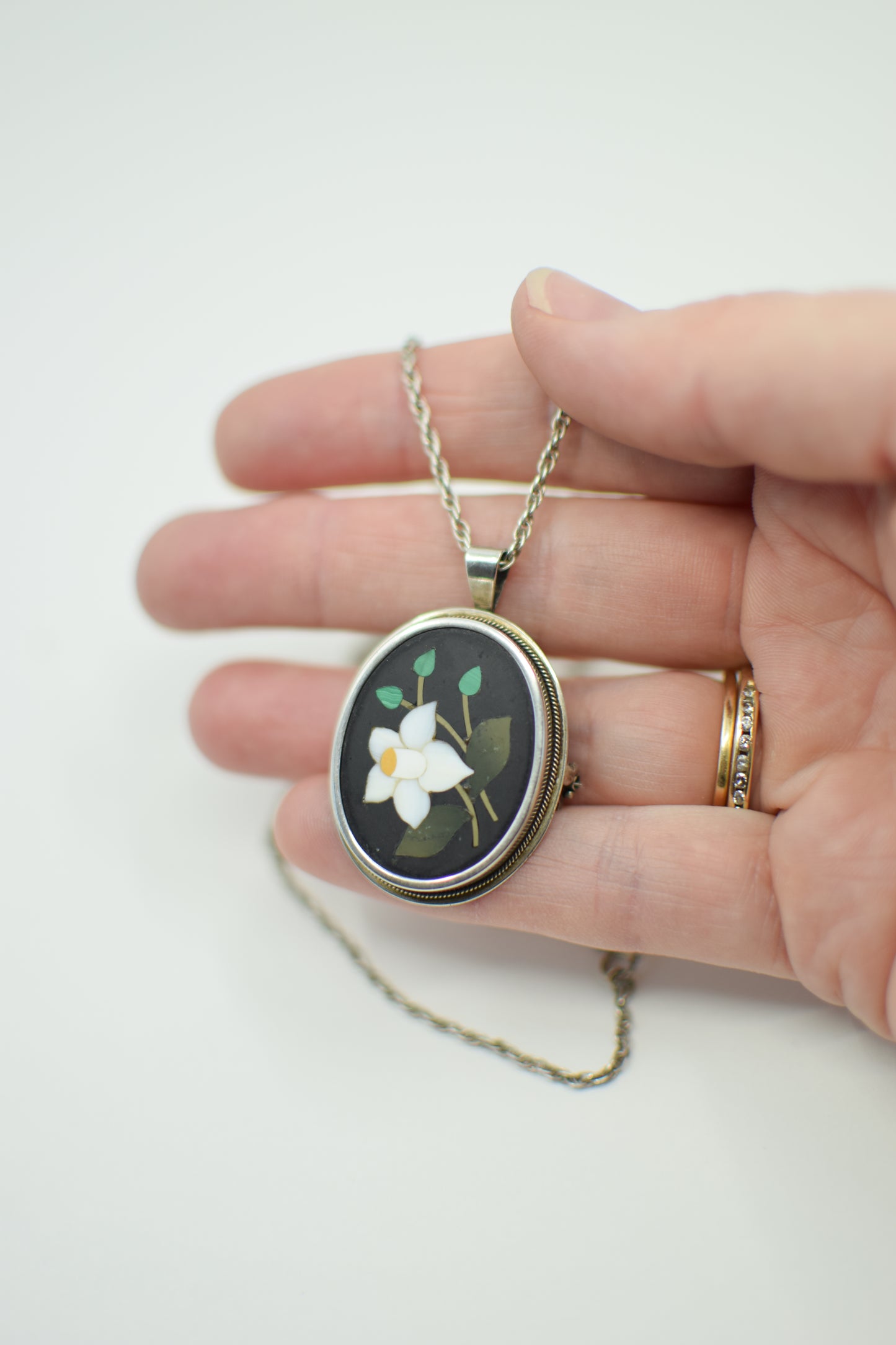 Vintage Pietra Dura and Silver Convertible Pendant/Brooch