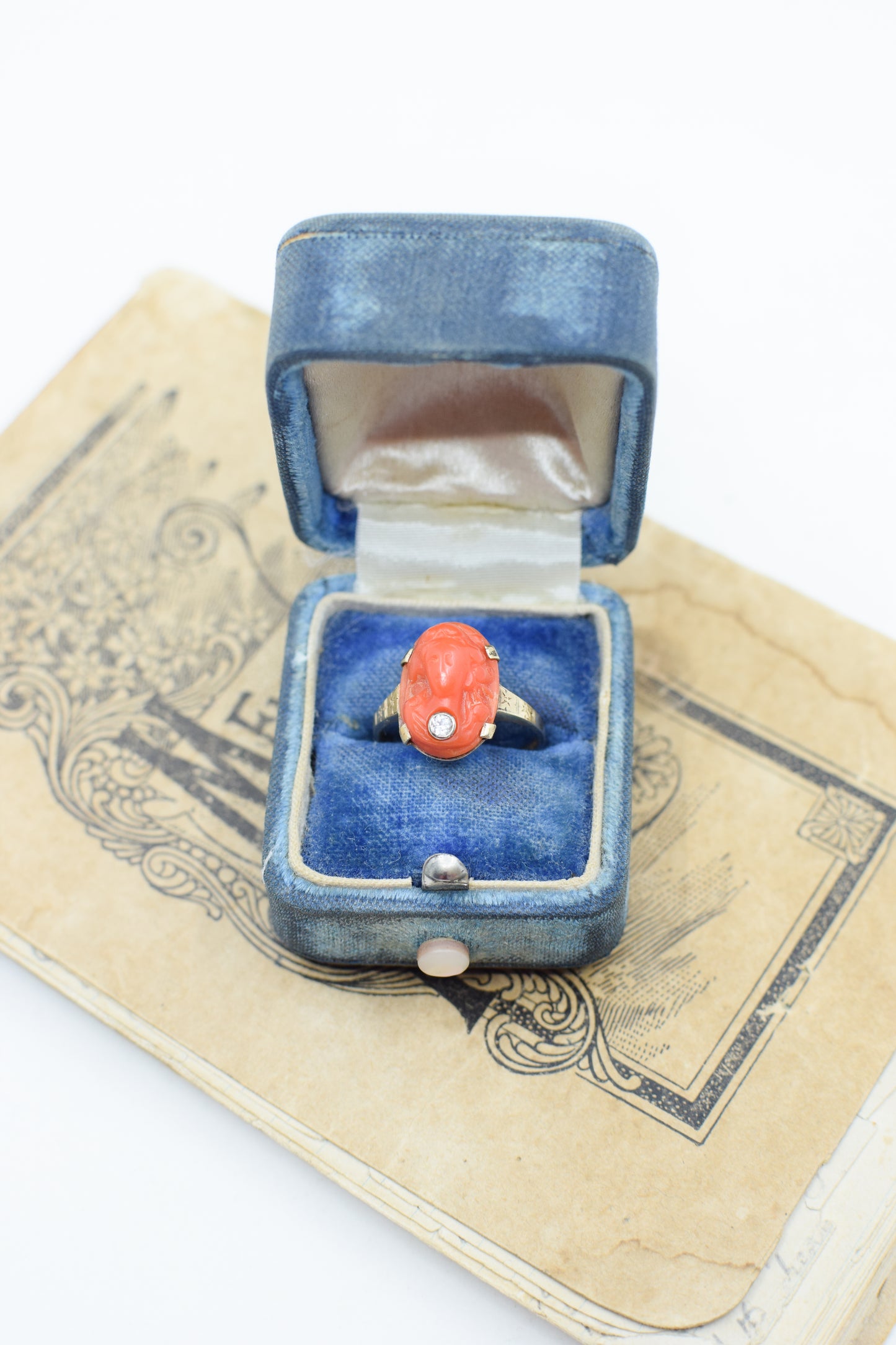 Antique Victorian 14kt Gold, Coral and Diamond Cameo Ring | US 7 1/4