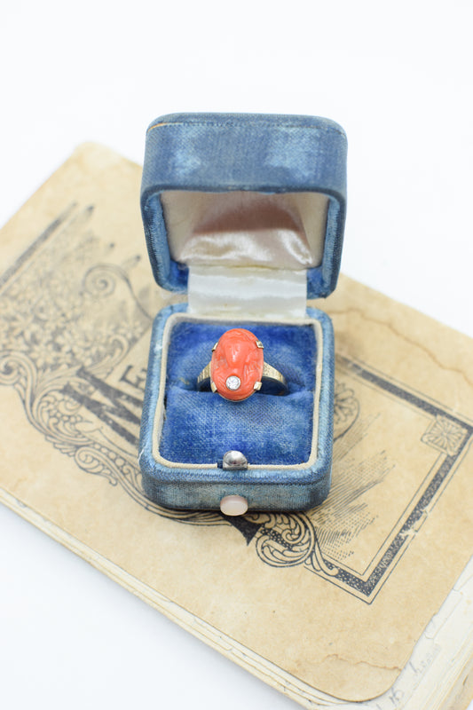 Antique Victorian 14kt Gold, Coral and Diamond Cameo Ring | US 7 1/4