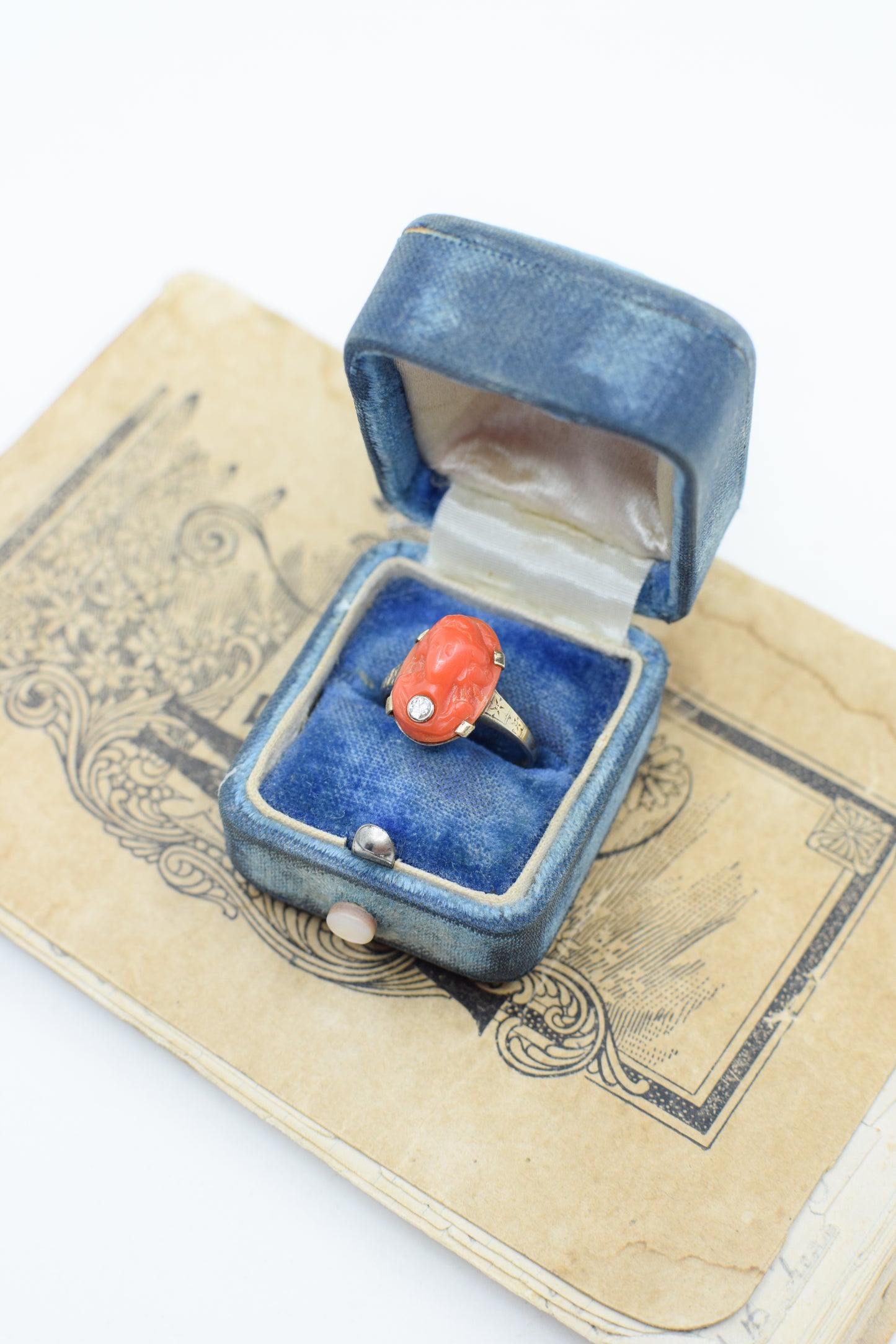 Antique Victorian 14kt Gold, Coral and Diamond Cameo Ring | US 7 1/4