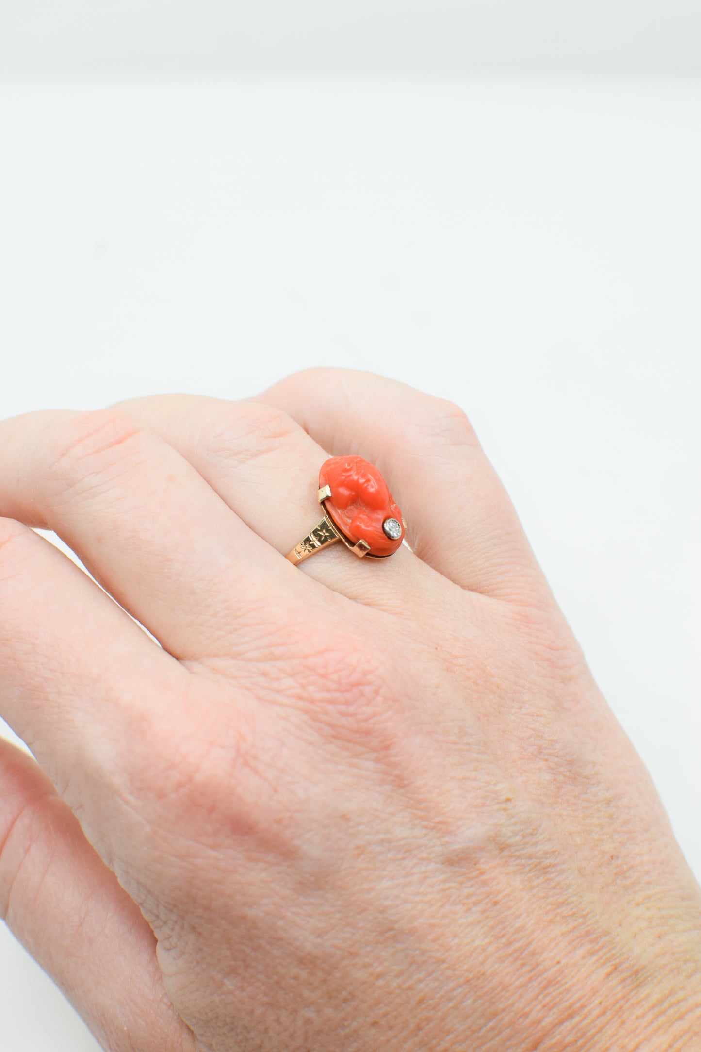 Antique Victorian 14kt Gold, Coral and Diamond Cameo Ring | US 7 1/4