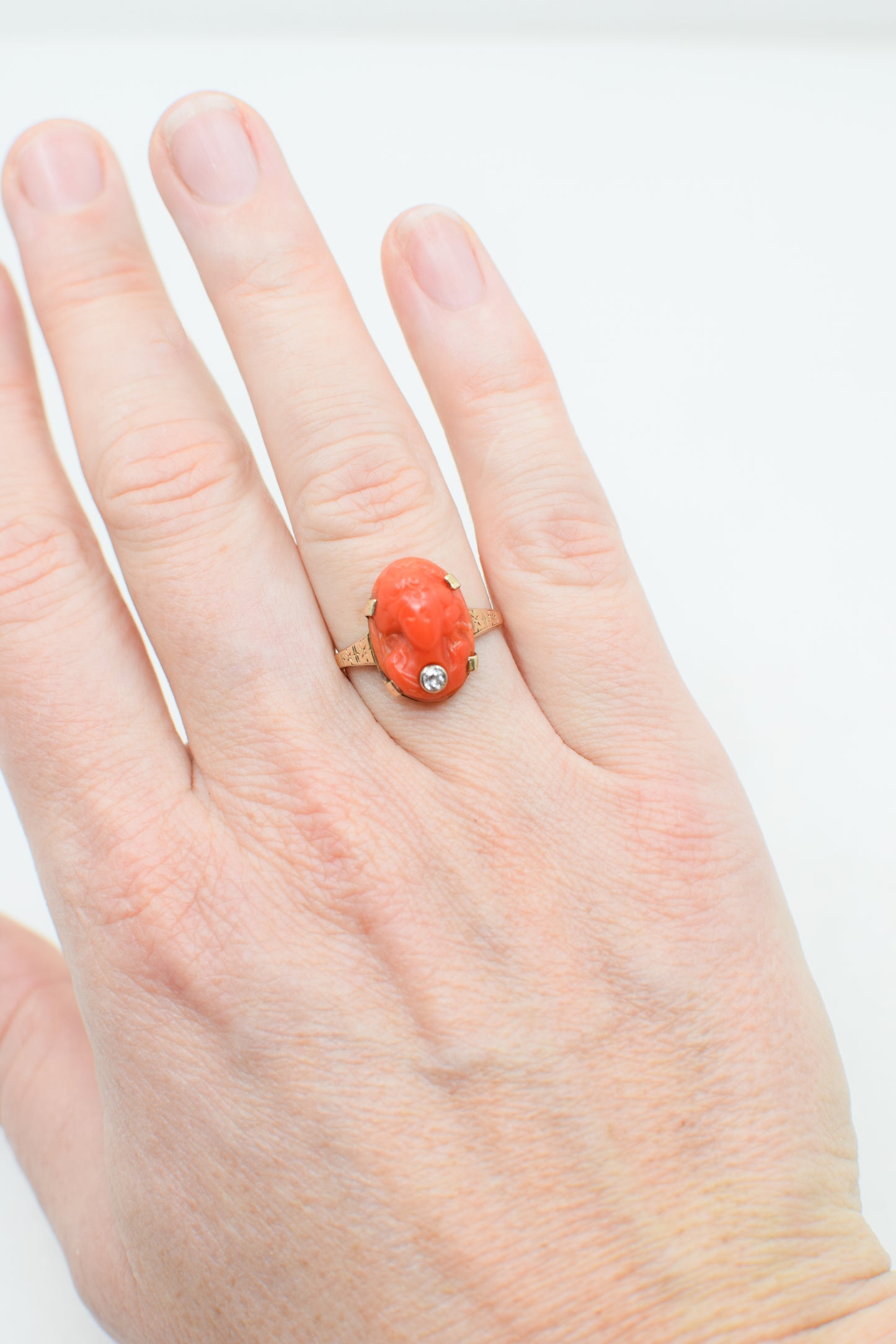 Antique Victorian 14kt Gold, Coral and Diamond Cameo Ring | US 7 1/4