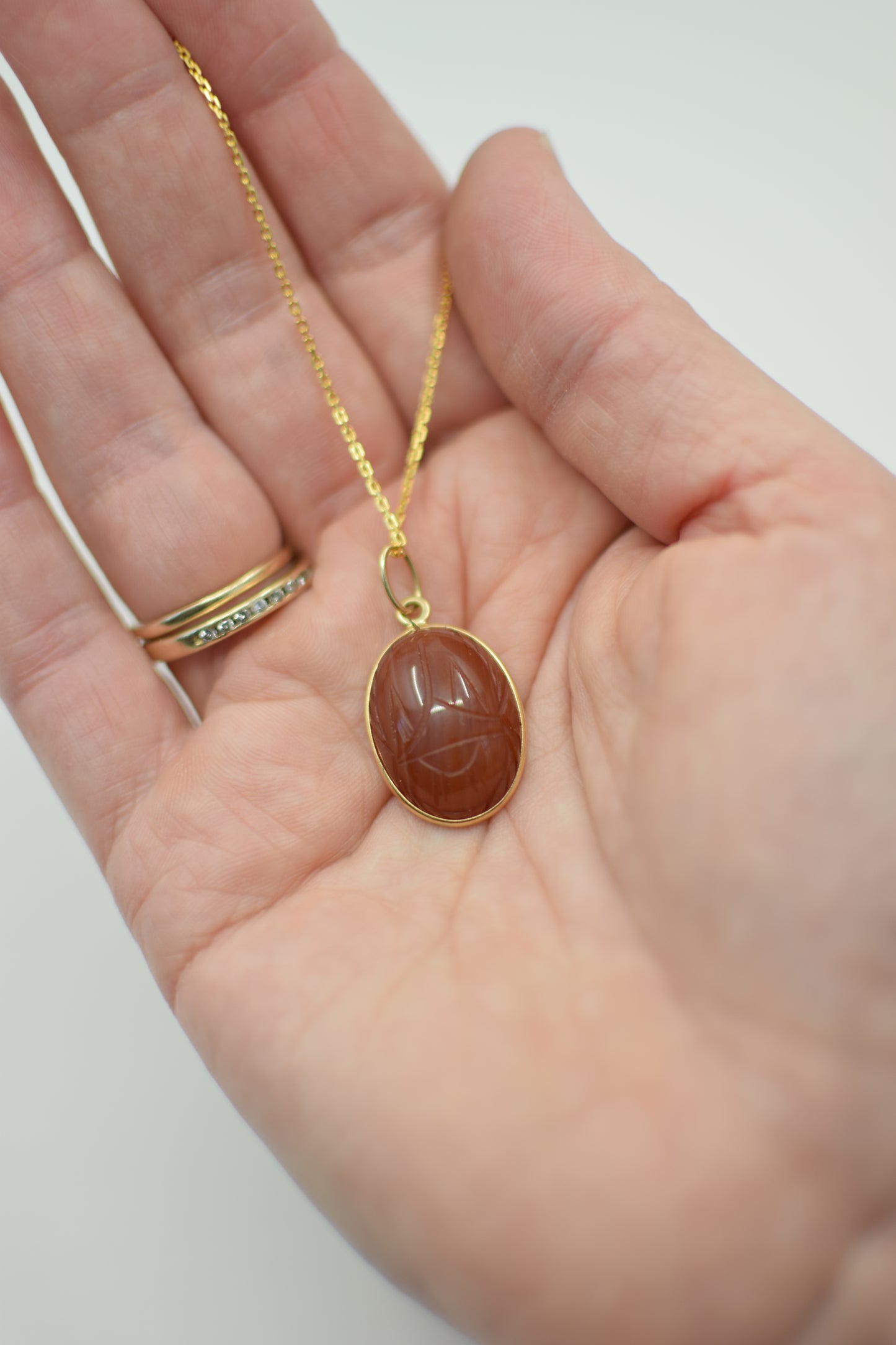Vintage 14 kt Gold and Carnelian Scarab Pendant Necklace