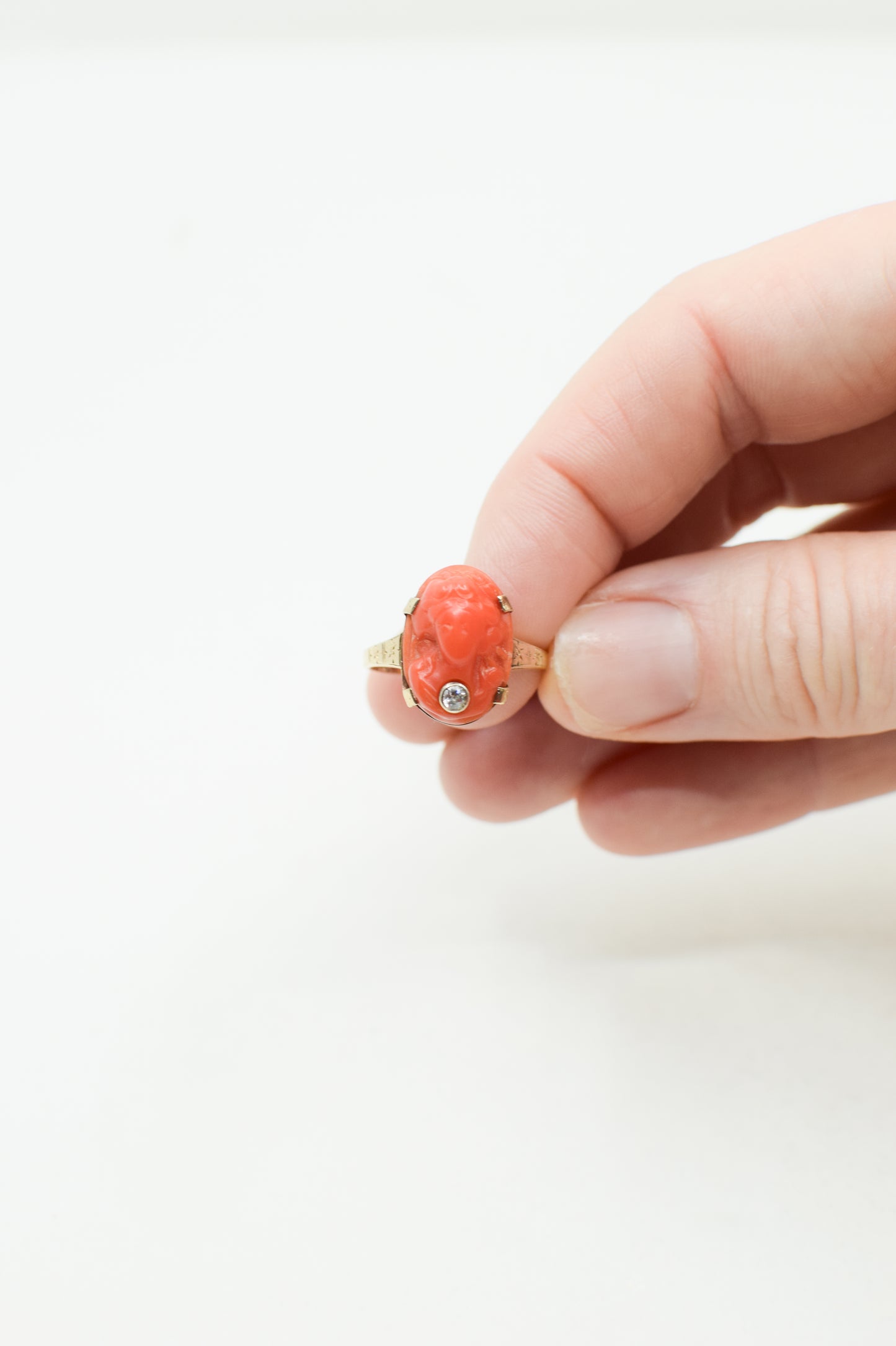 Antique Victorian 14kt Gold, Coral and Diamond Cameo Ring | US 7 1/4