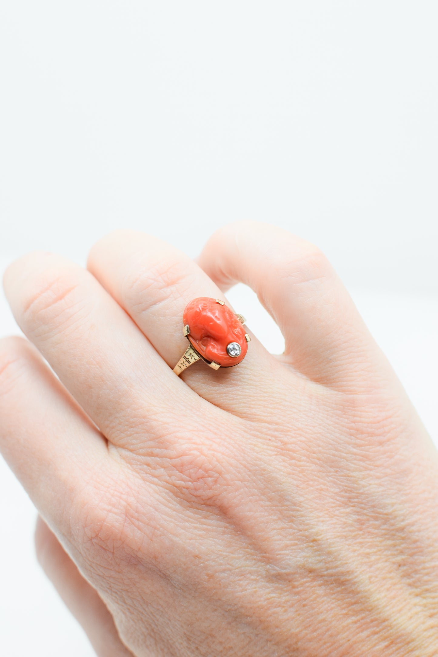 Antique Victorian 14kt Gold, Coral and Diamond Cameo Ring | US 7 1/4