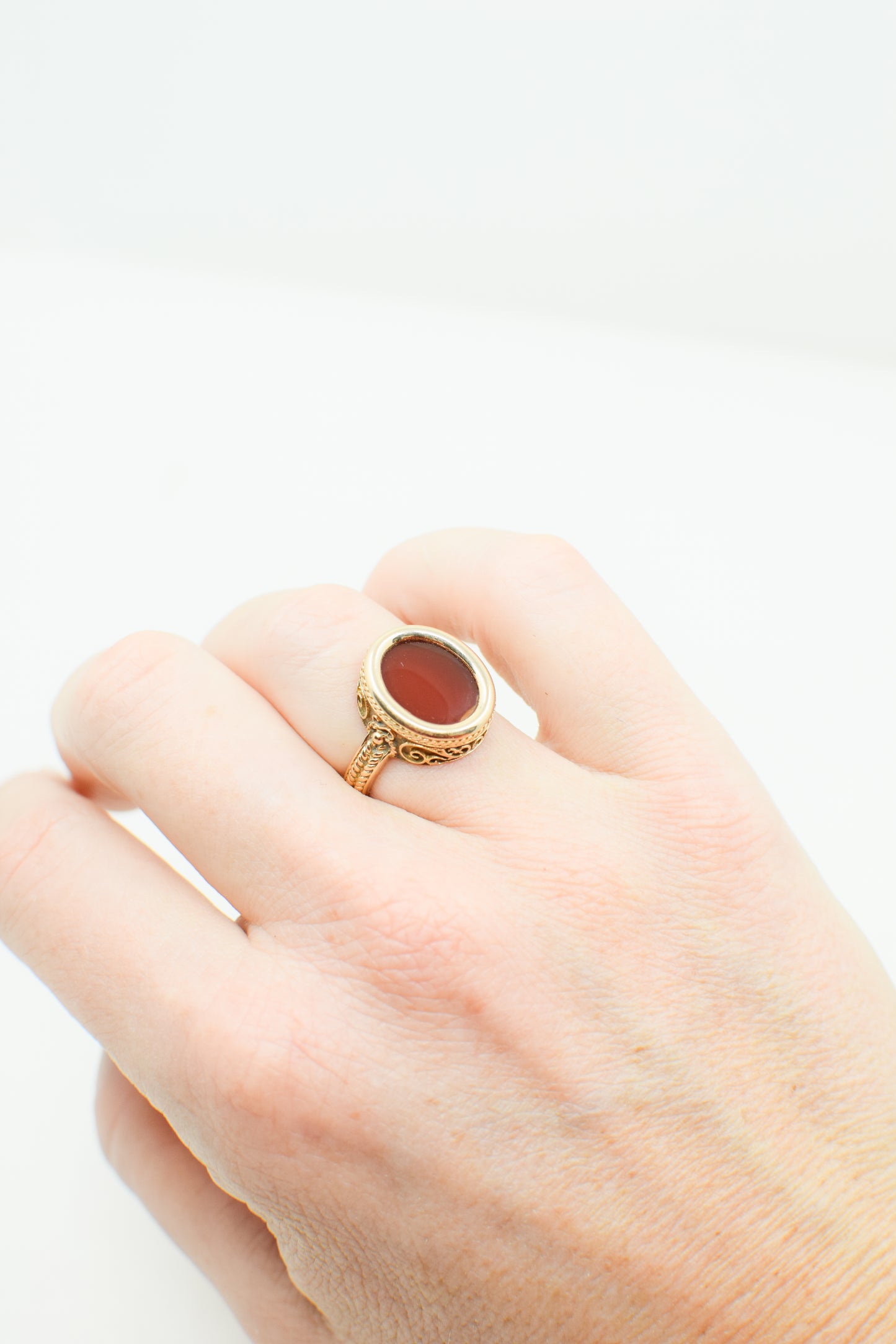 Vintage 14 kt Gold and Carnelian Etruscan Revivial Ring | US 6/6.25