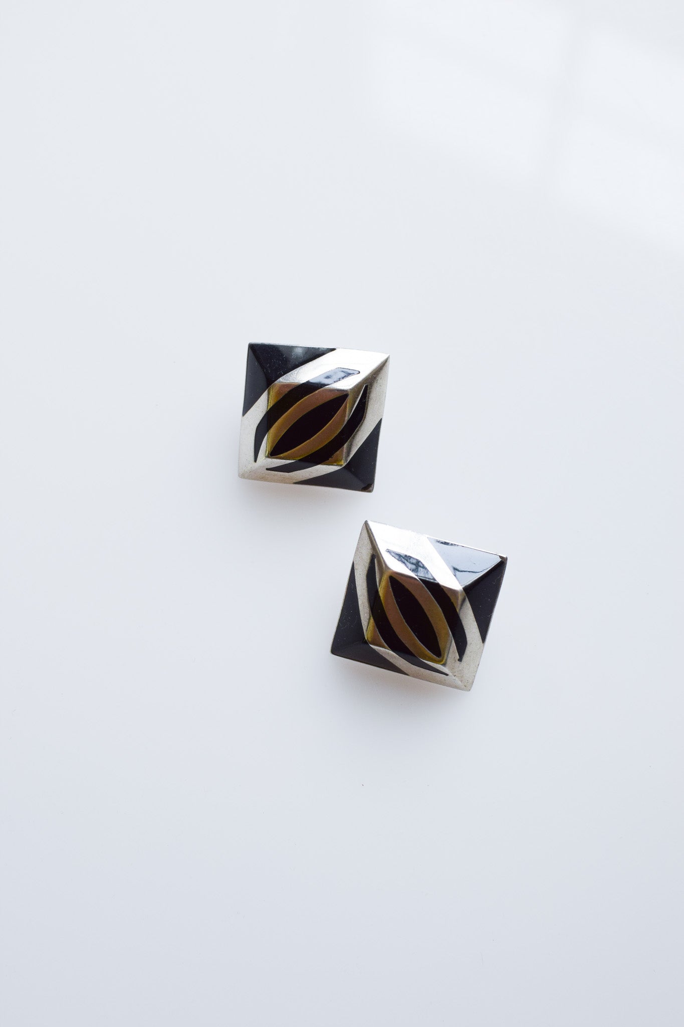 Large Sterling Silver and Onyx Modernist Earrings