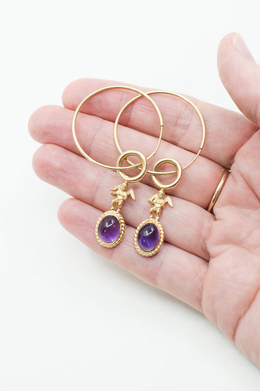 Vintage 14 Karat Gold and Amethyst Cherub Earrings