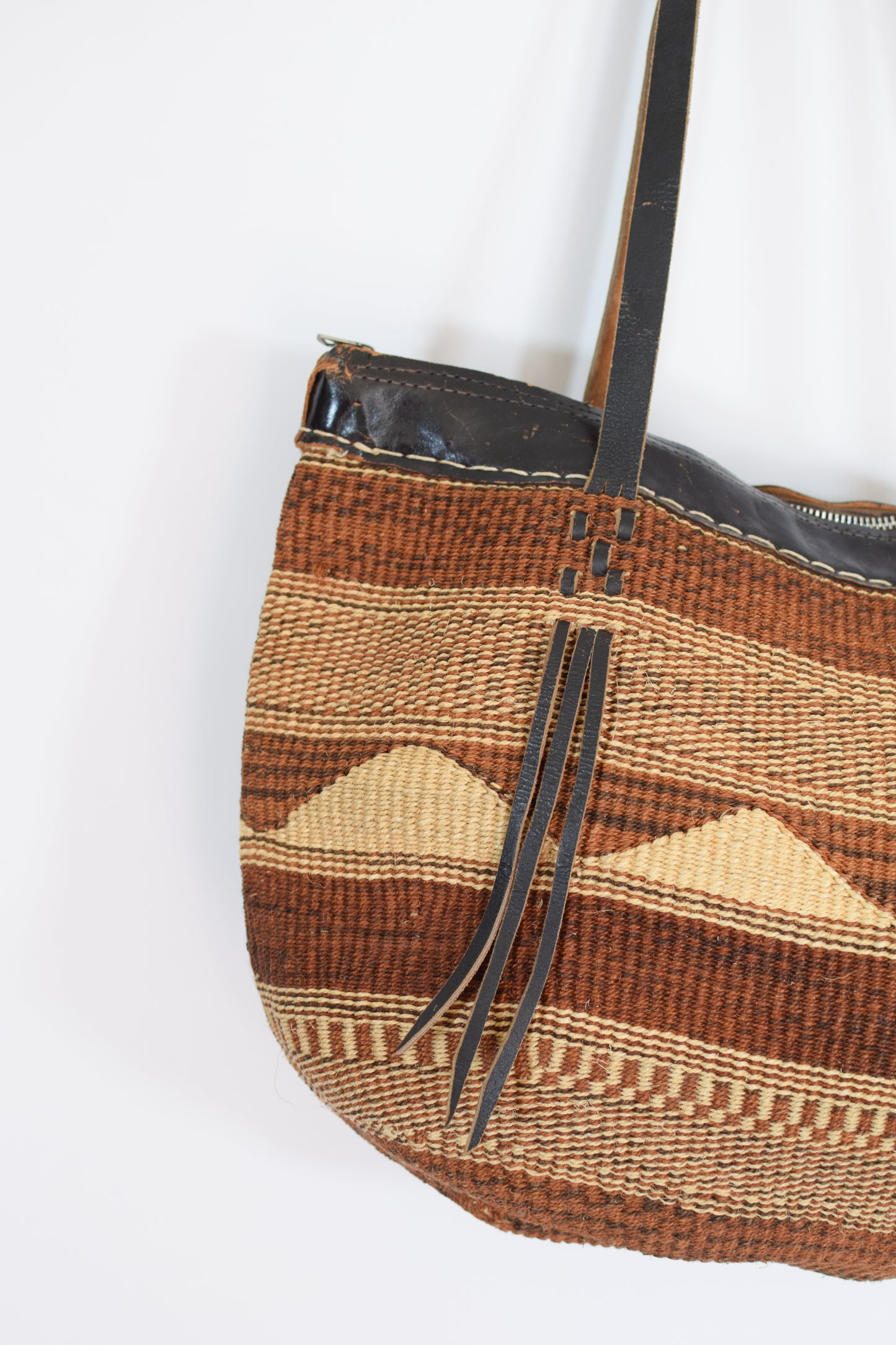 Vintage Woven Sisal and Leather Bucket Tote