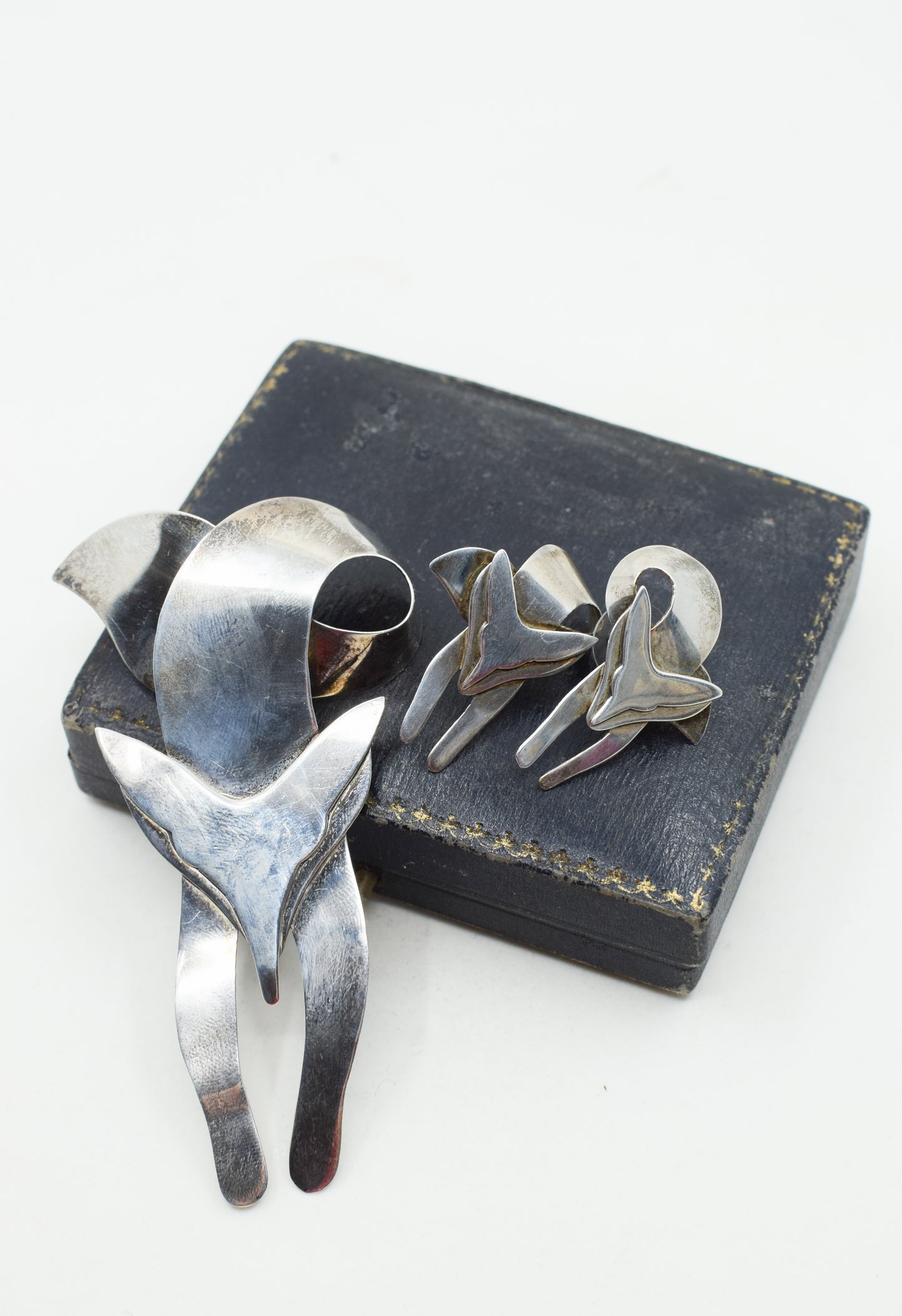 Sterling Silver Modernist Fox Earrings and Brooch Set
