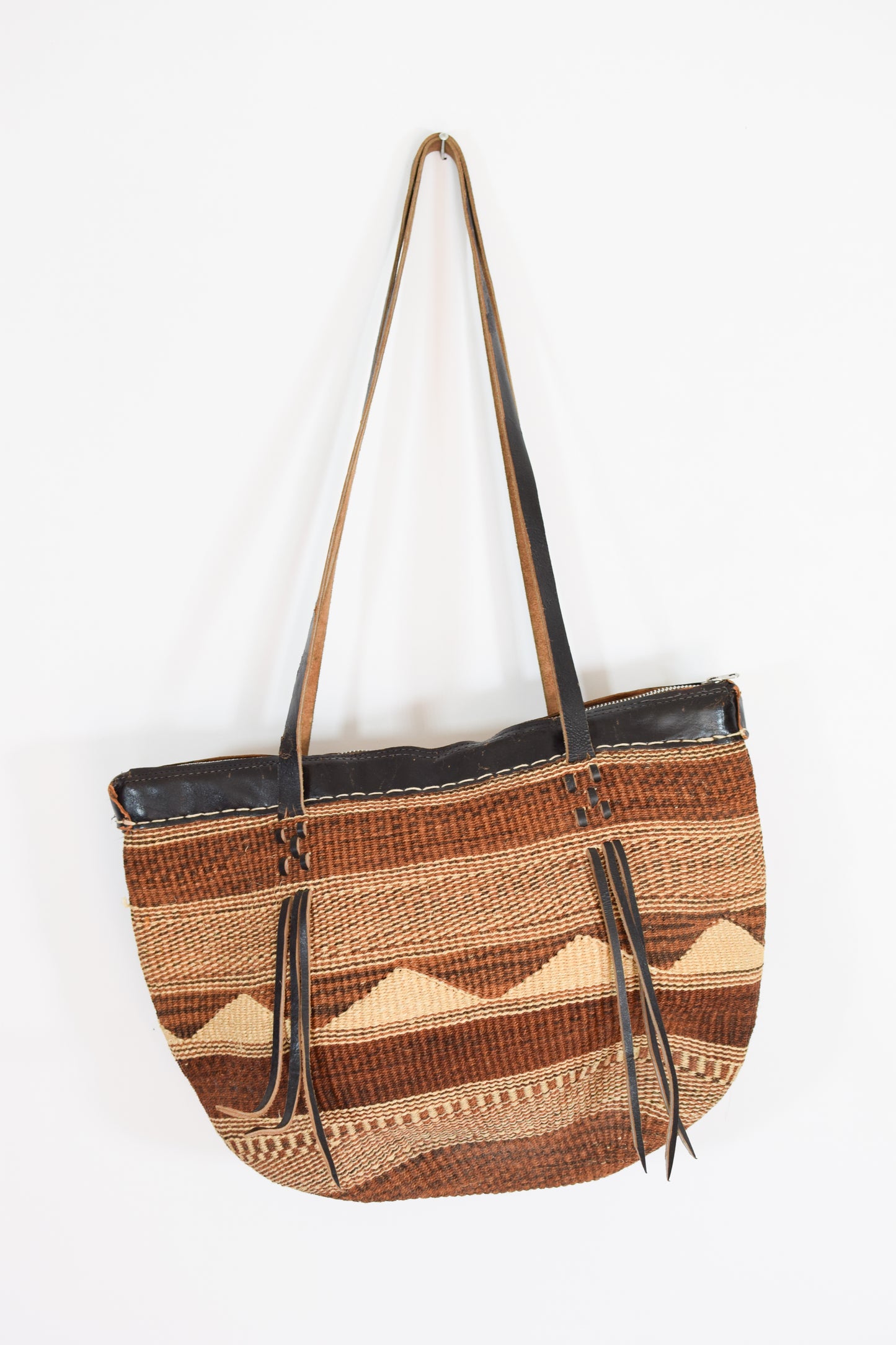Vintage Woven Sisal and Leather Bucket Tote