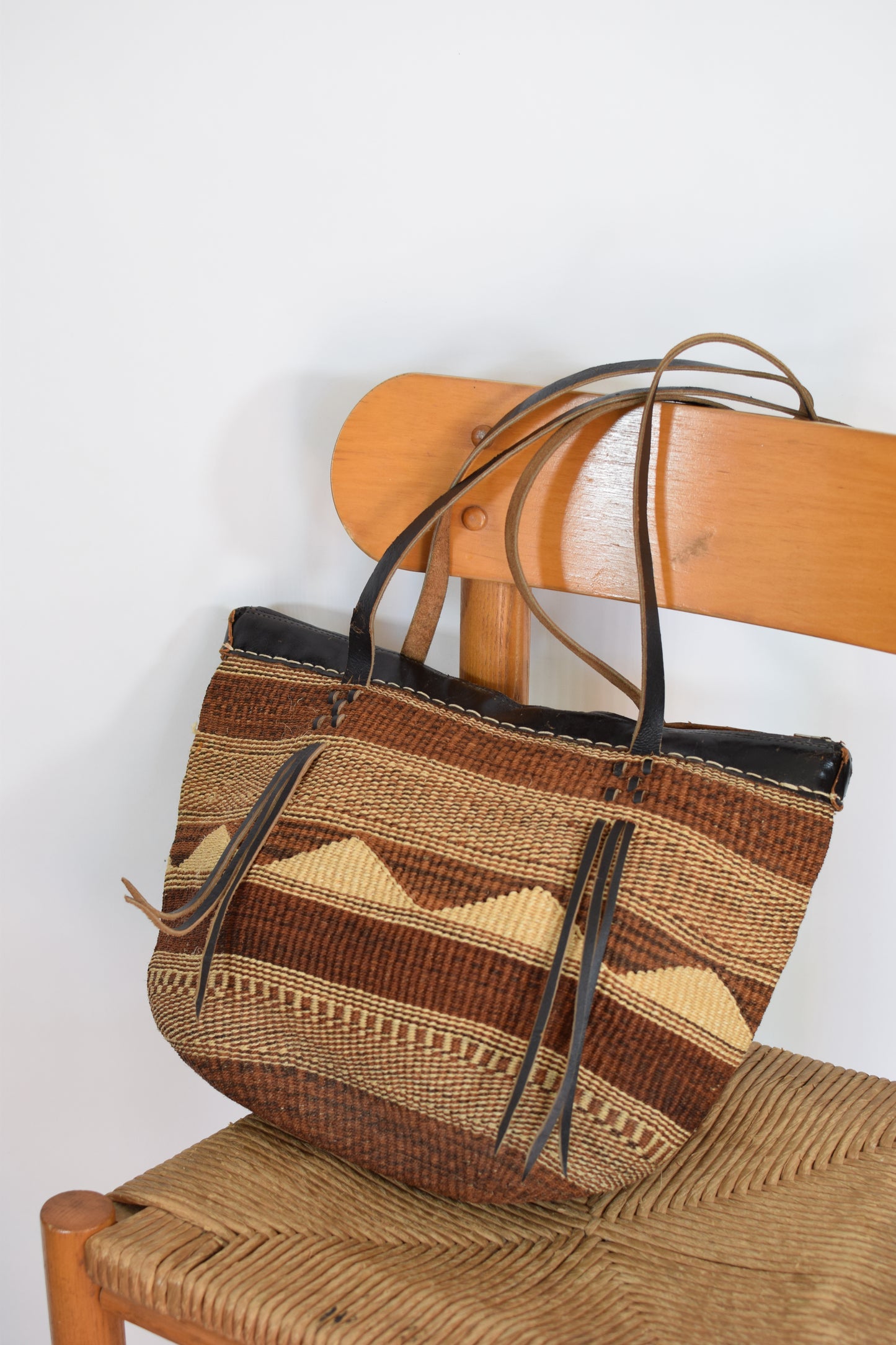 Vintage Woven Sisal and Leather Bucket Tote