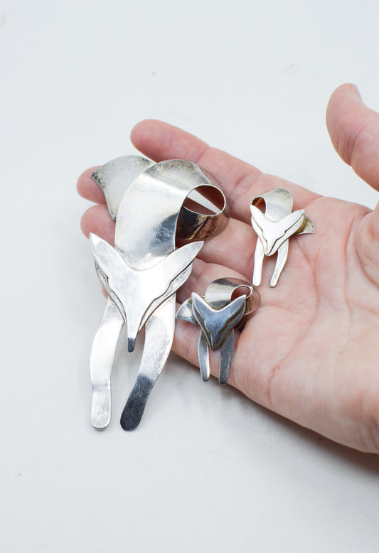 Sterling Silver Modernist Fox Earrings and Brooch Set