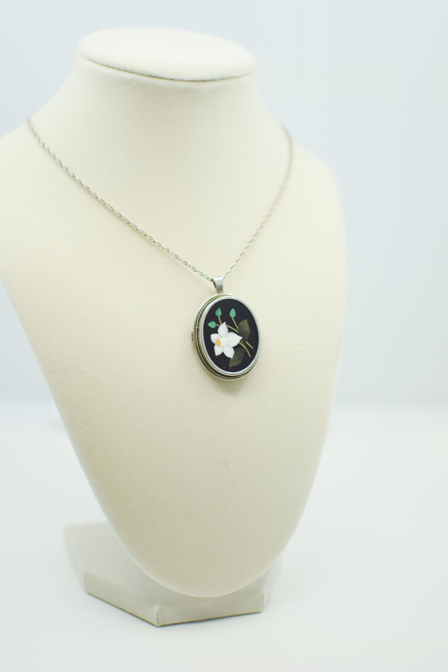 Vintage Pietra Dura and Silver Convertible Pendant/Brooch