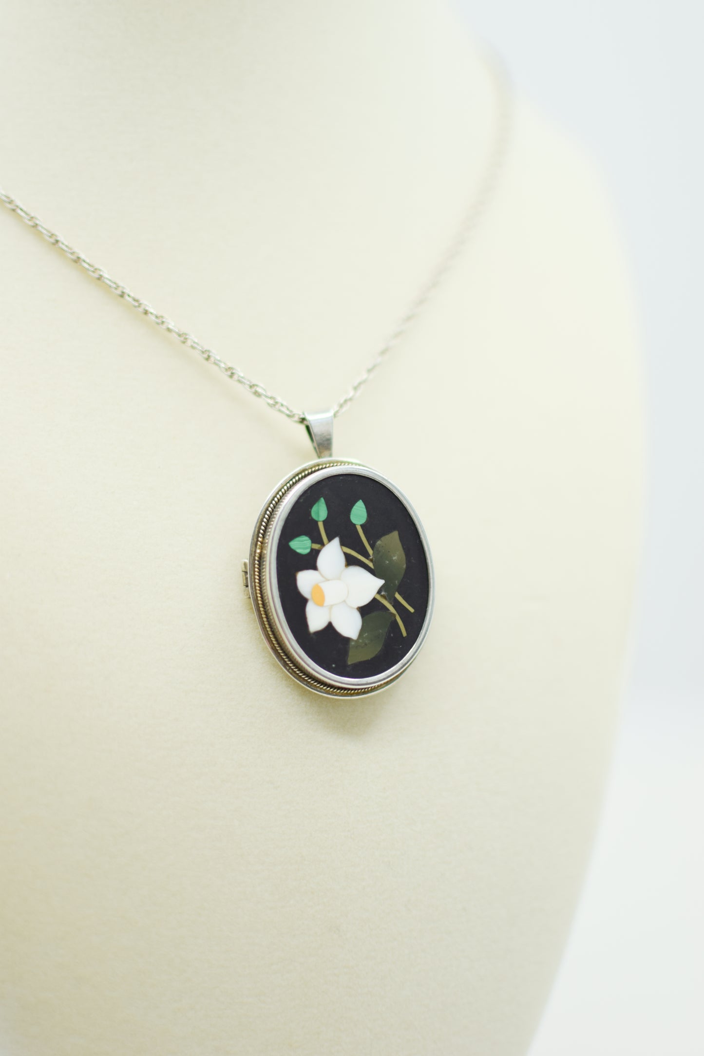 Vintage Pietra Dura and Silver Convertible Pendant/Brooch