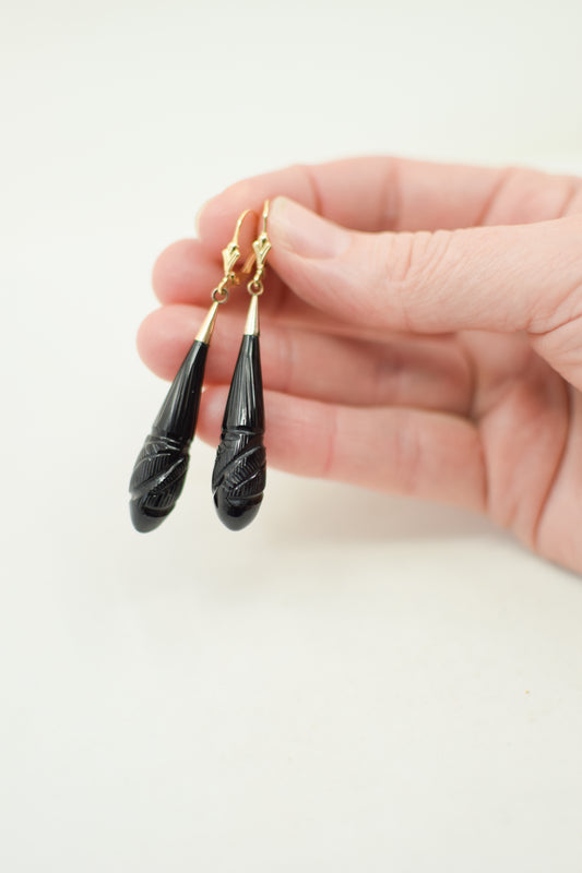 Antique Victorian Carved Jet Drop Earrings