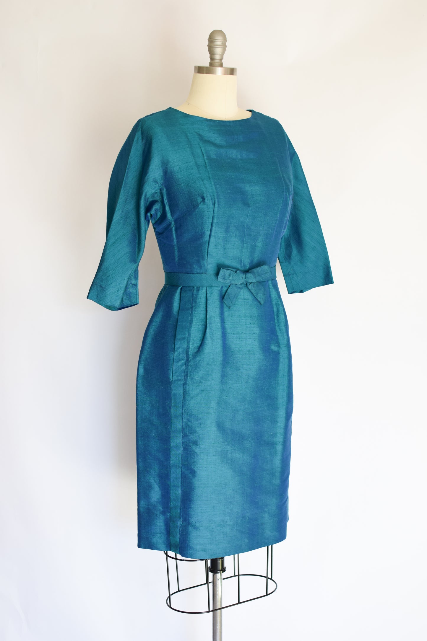 60s Teal Green Thai Silk Dress | S/M