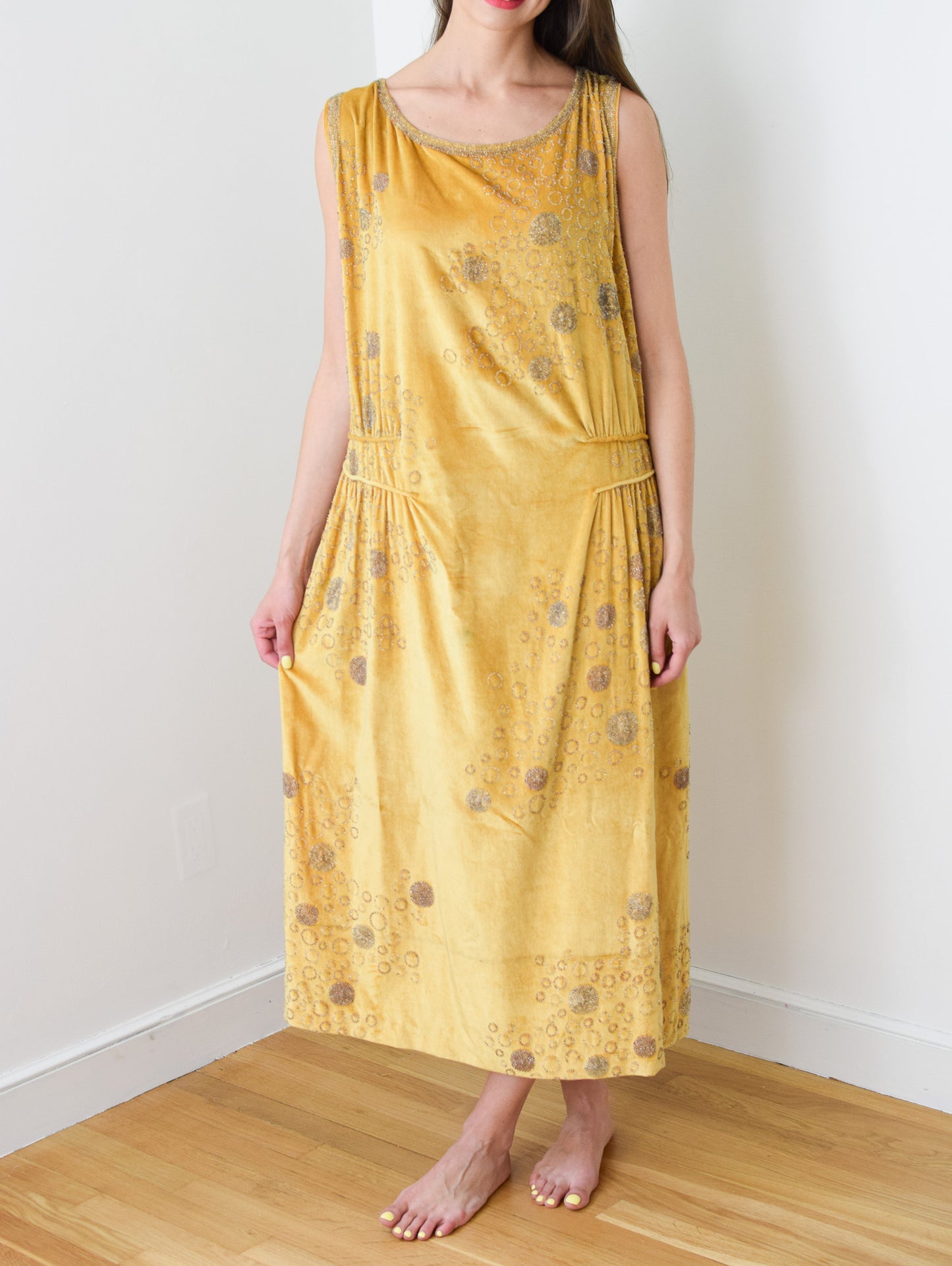1920s French Beaded Citrine Silk Velvet Gown | M/L