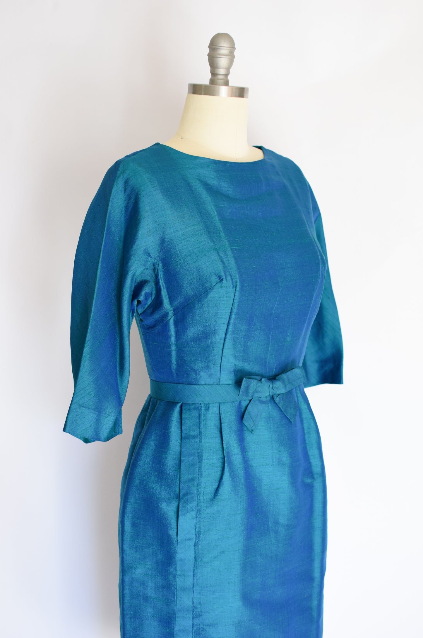 60s Teal Green Thai Silk Dress | S/M