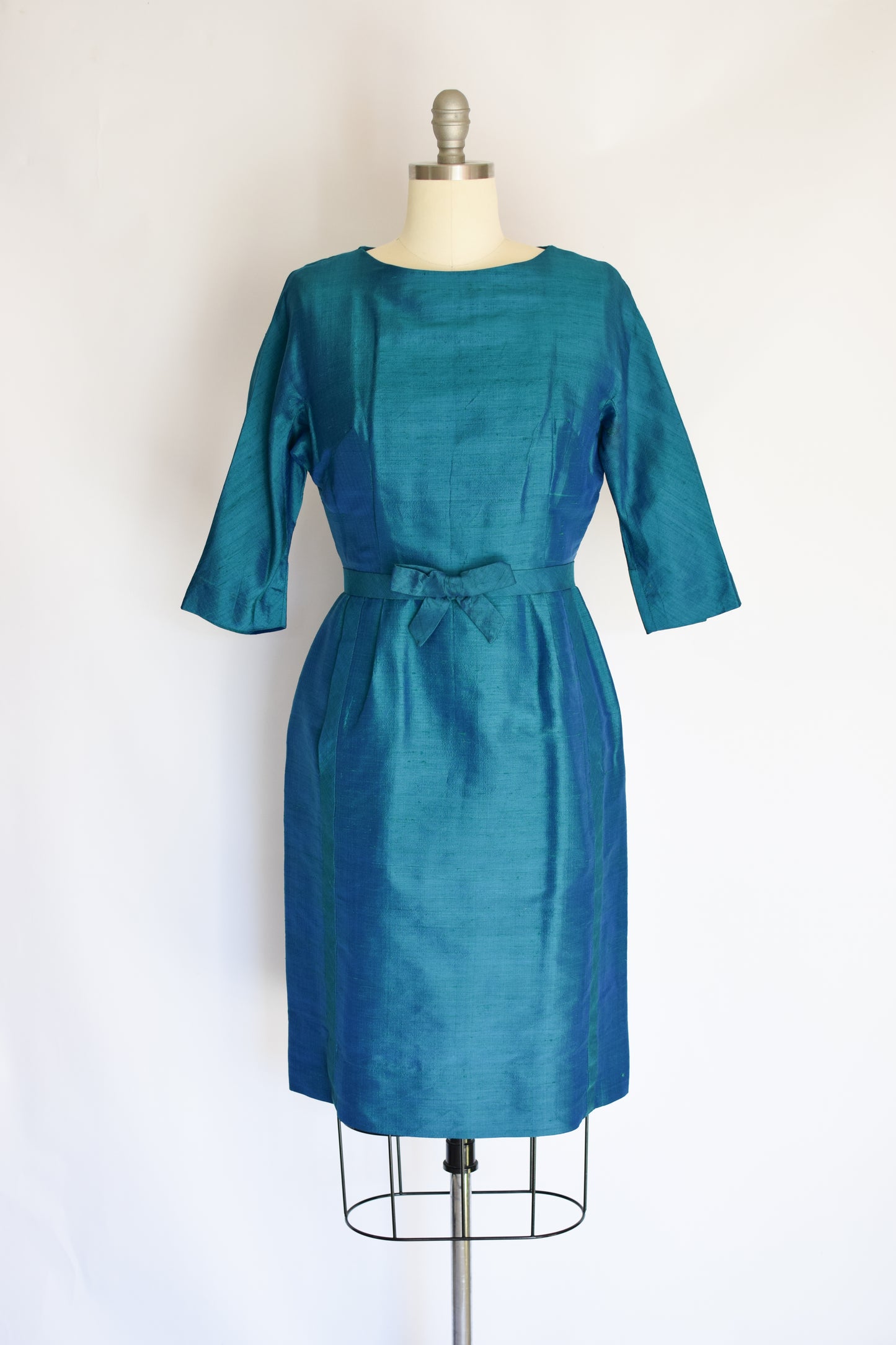 60s Teal Green Thai Silk Dress | S/M